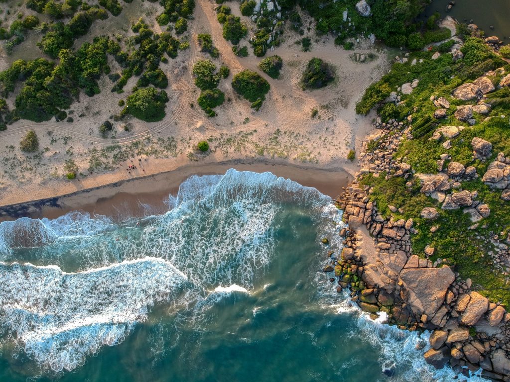 Bird-eye view of a Sri Lankan beach with blue water and green plants