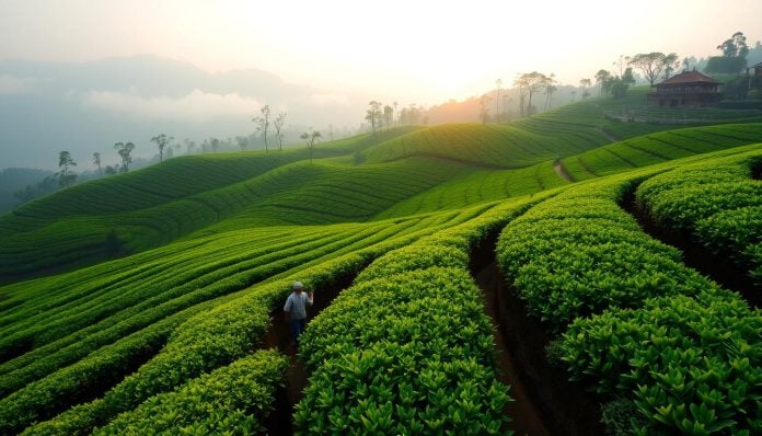 A tea plantation estate at Nuwara Eliya where a farmer is currently tending to the tea trees.