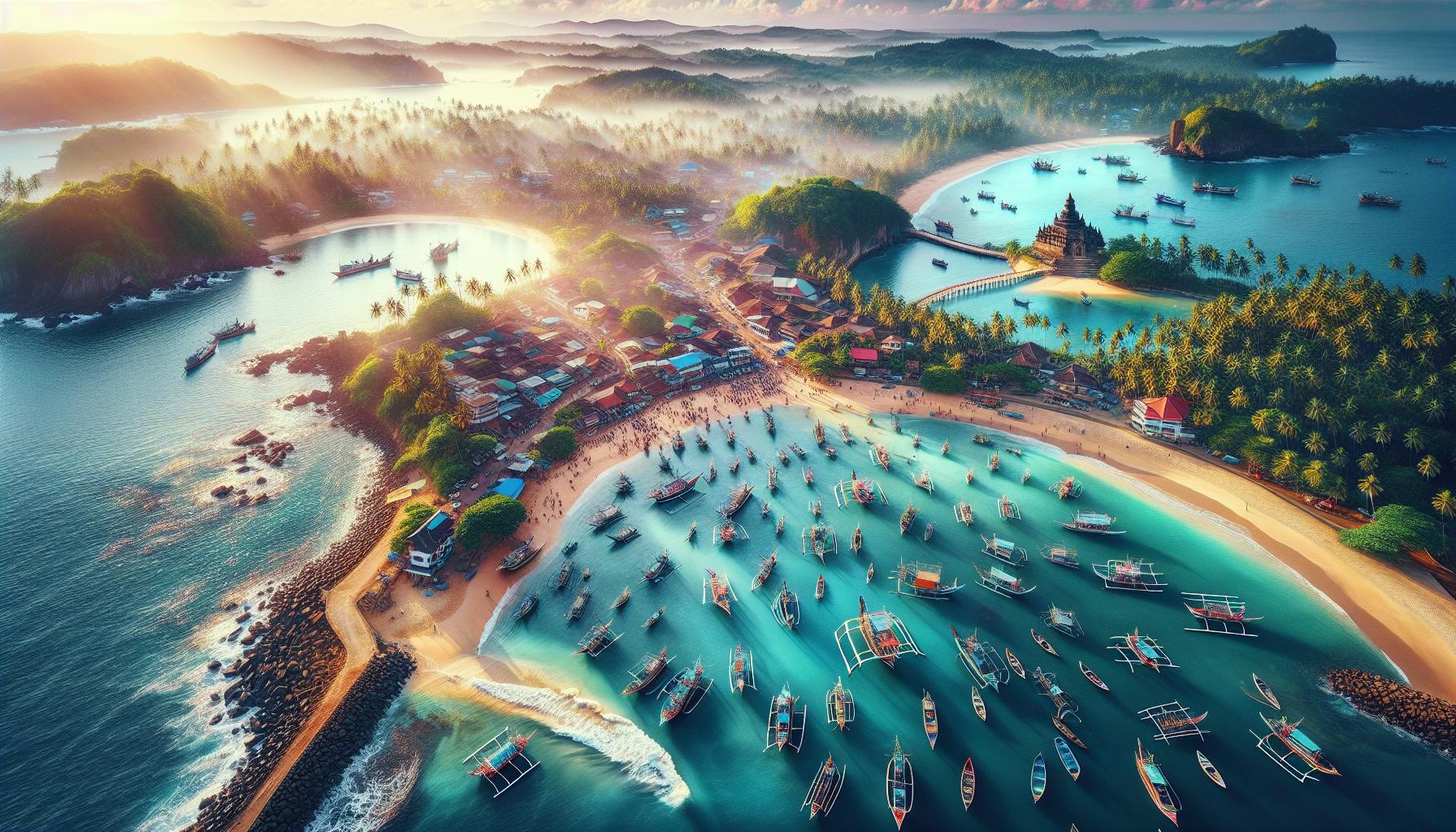 Aerial view of a coastal village with boats and lush greenery at sunrise