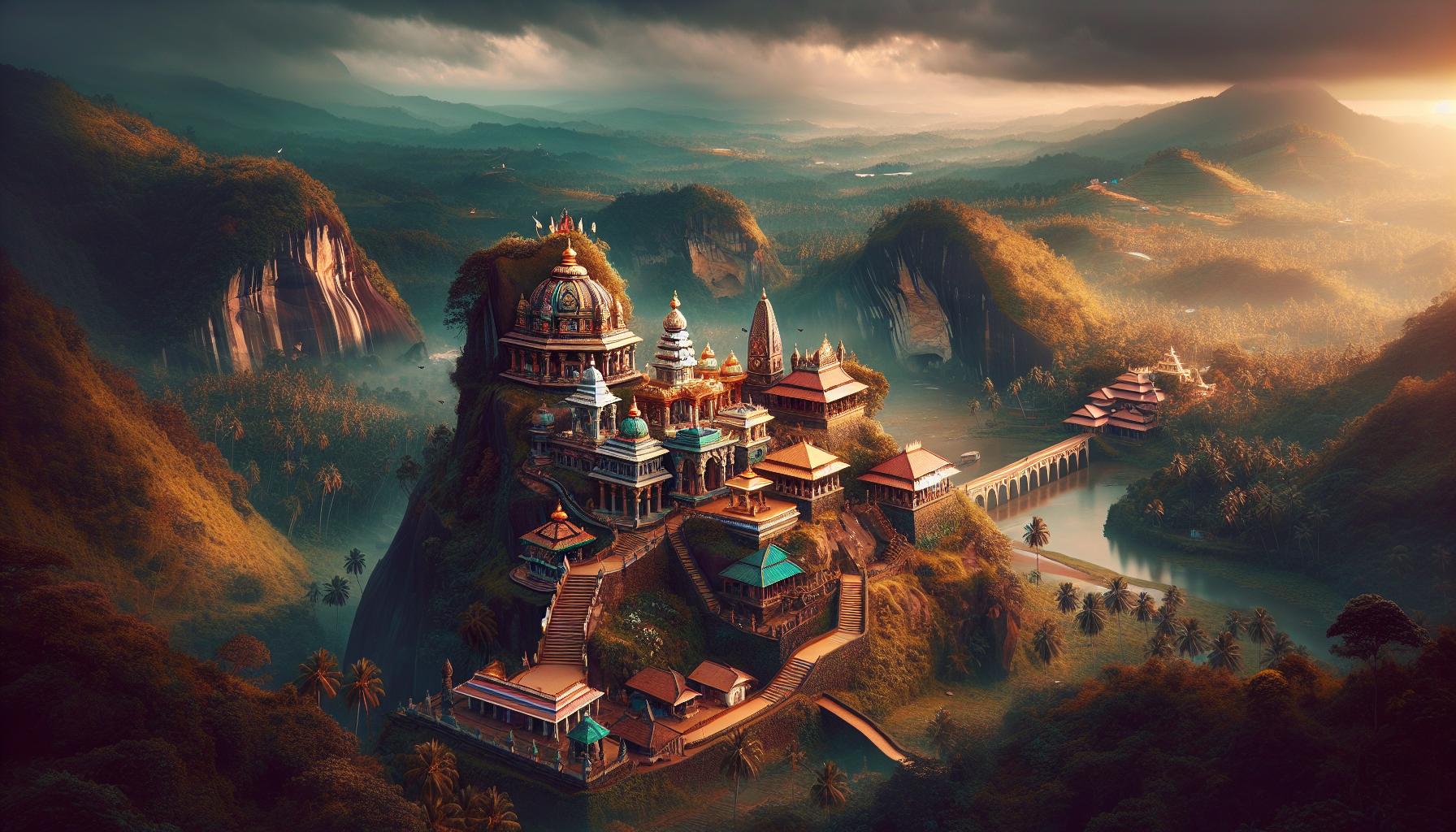 Ancient Temple Complex in a Lush Mountainous Landscape