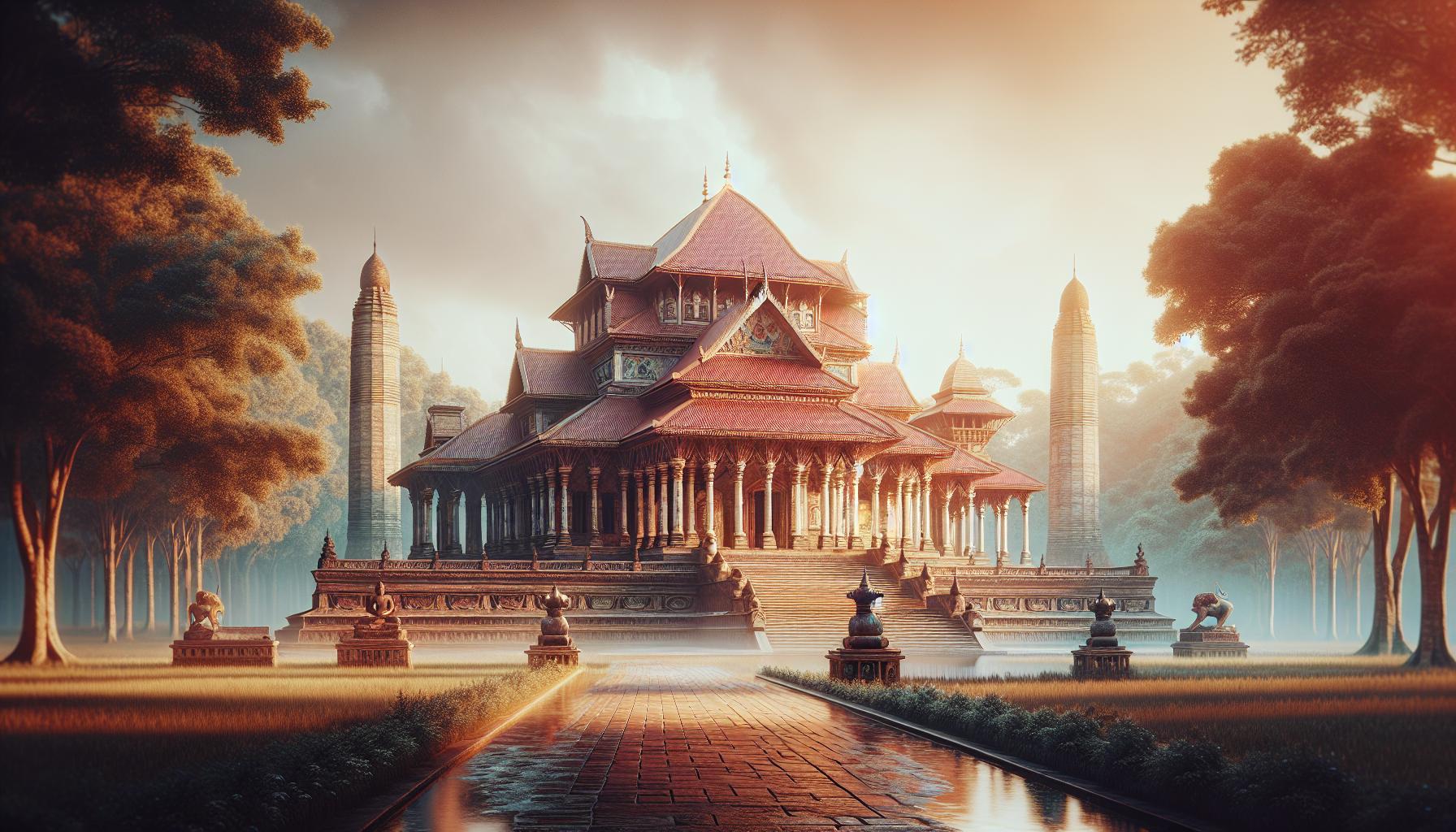 Ancient Temple Surrounded by Lush Landscape at Dawn