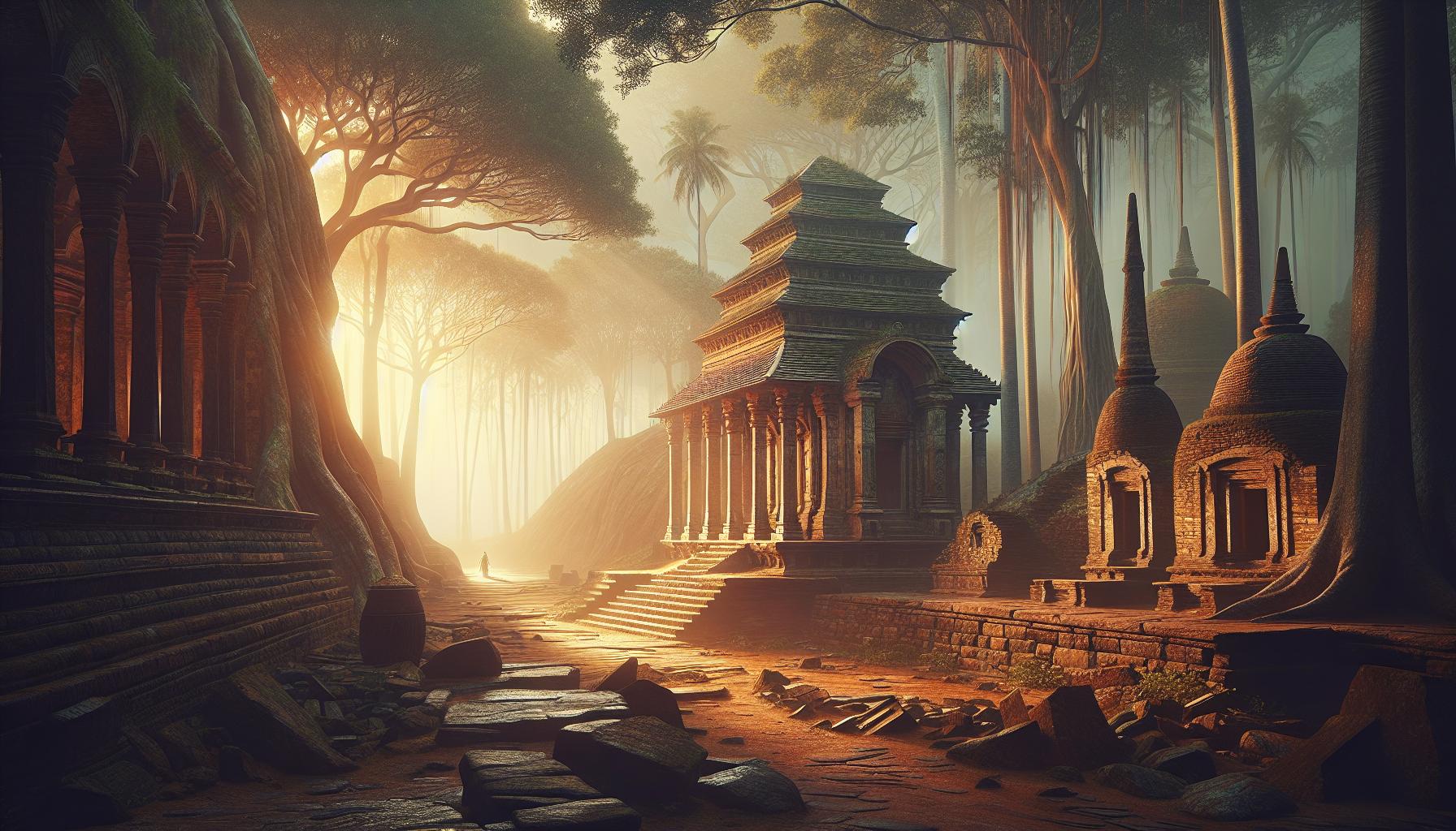 Ancient temple ruins in a misty forest setting