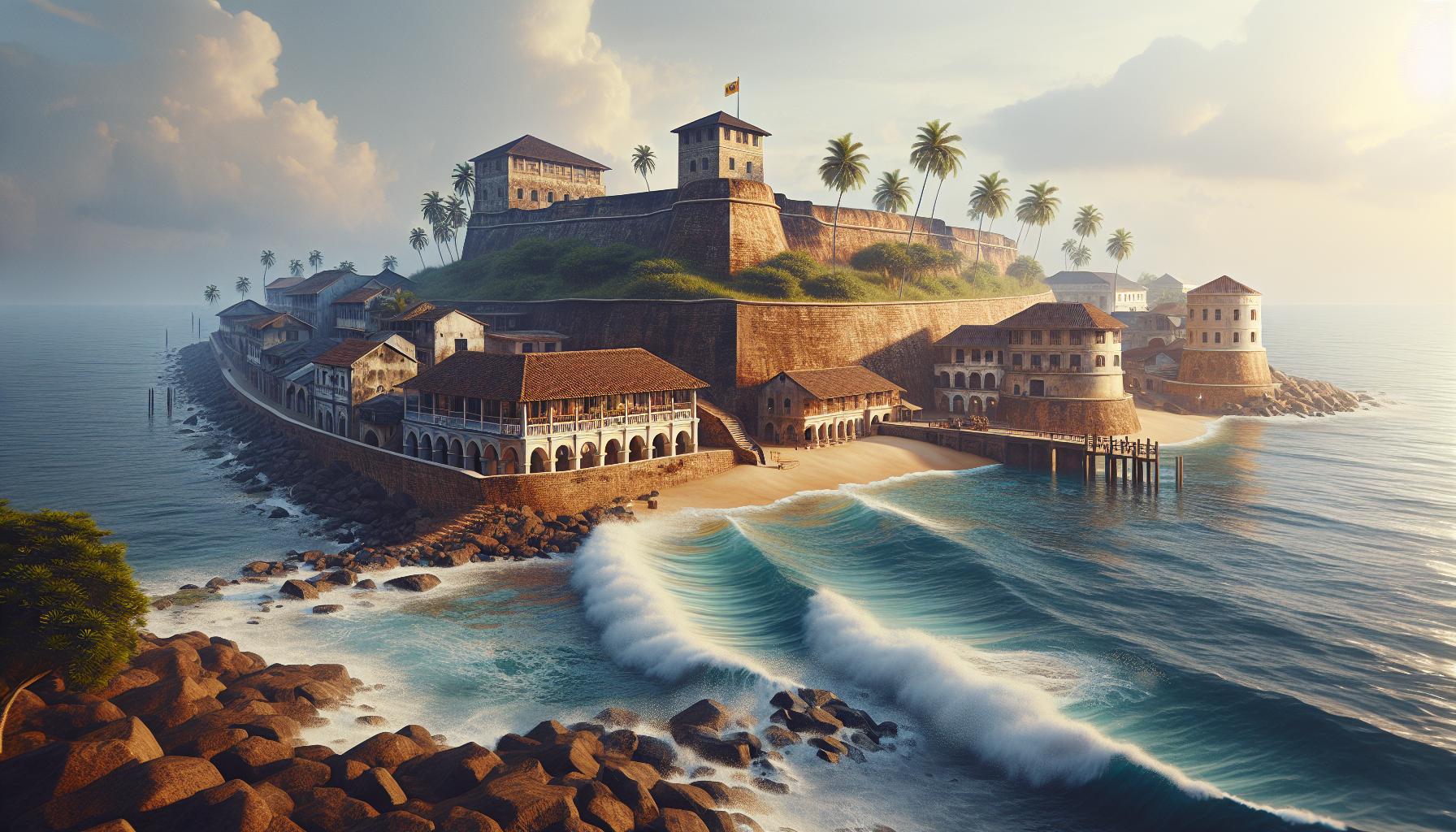 Coastal Fortifications with Palm Trees and Waves