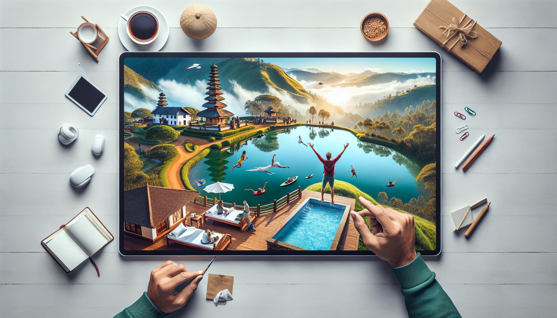 Digital Artwork of a Serene Landscape with Pool and People Enjoying Leisure Activities