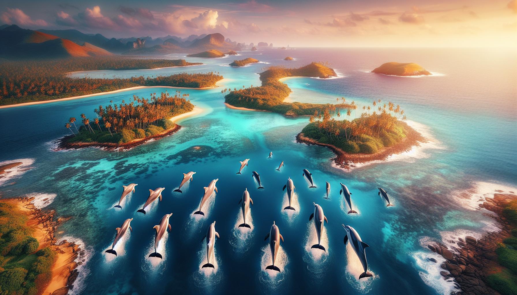 Dolphins leaping over tropical islands at sunset