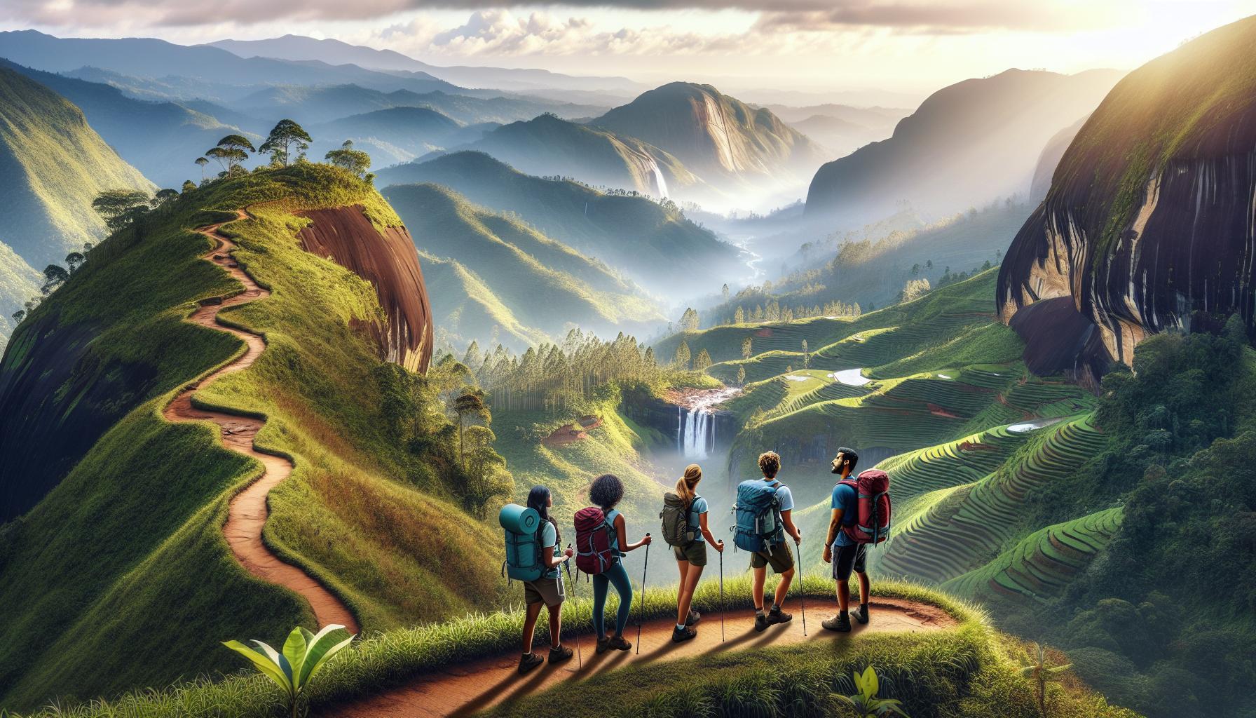 Hikers overlooking a scenic mountain landscape with rice terraces and a waterfall