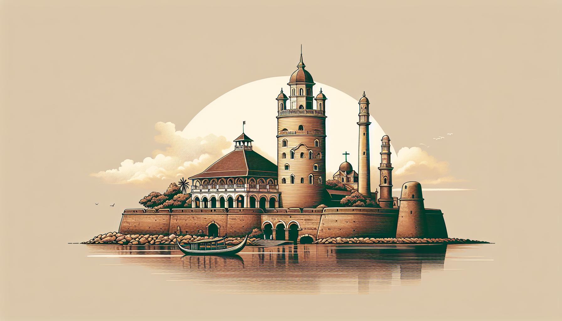 Historic island fortress with mosques and a church under a sunset sky