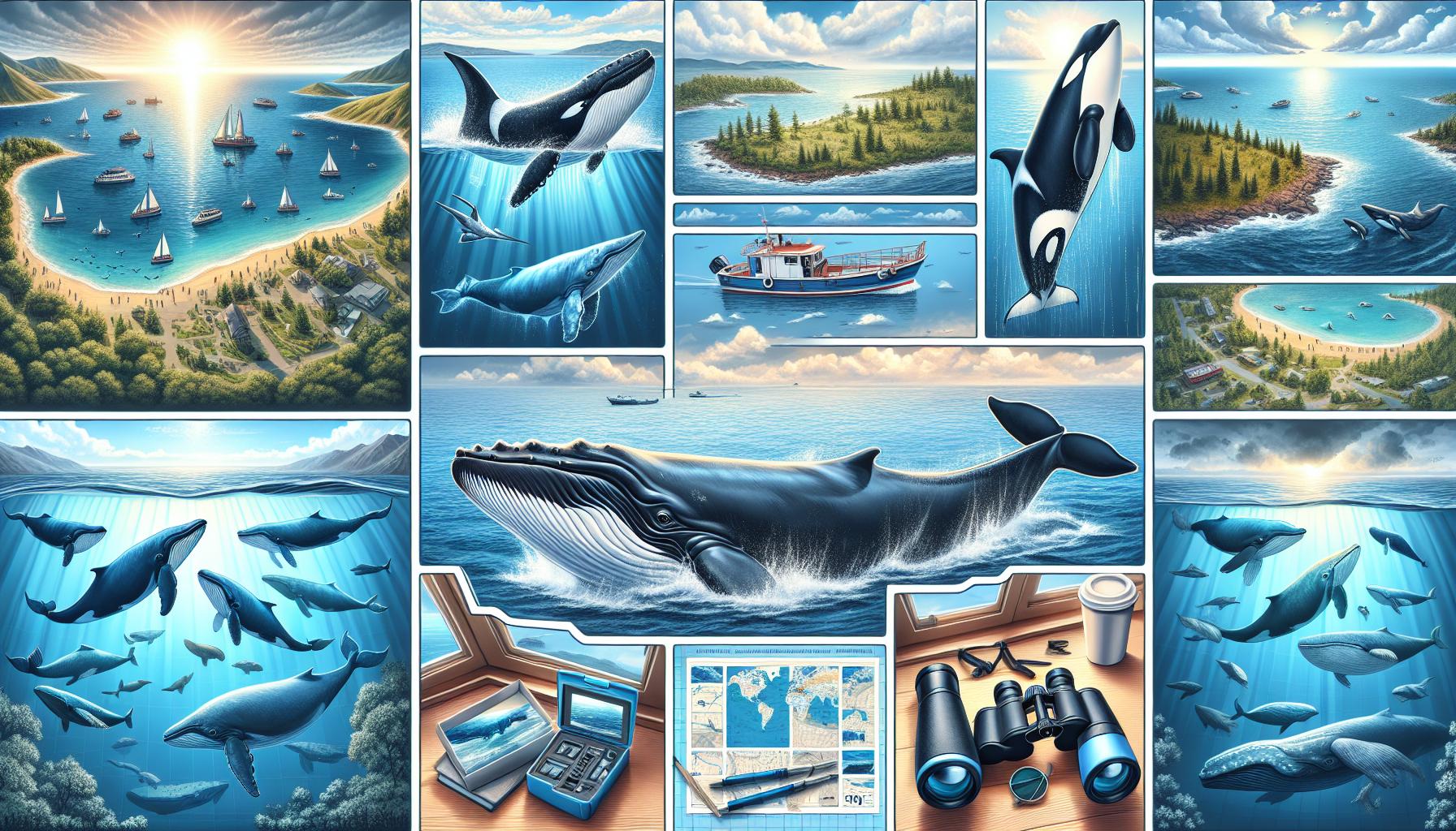 Marine Life and Whales in a Coastal Landscape Illustration