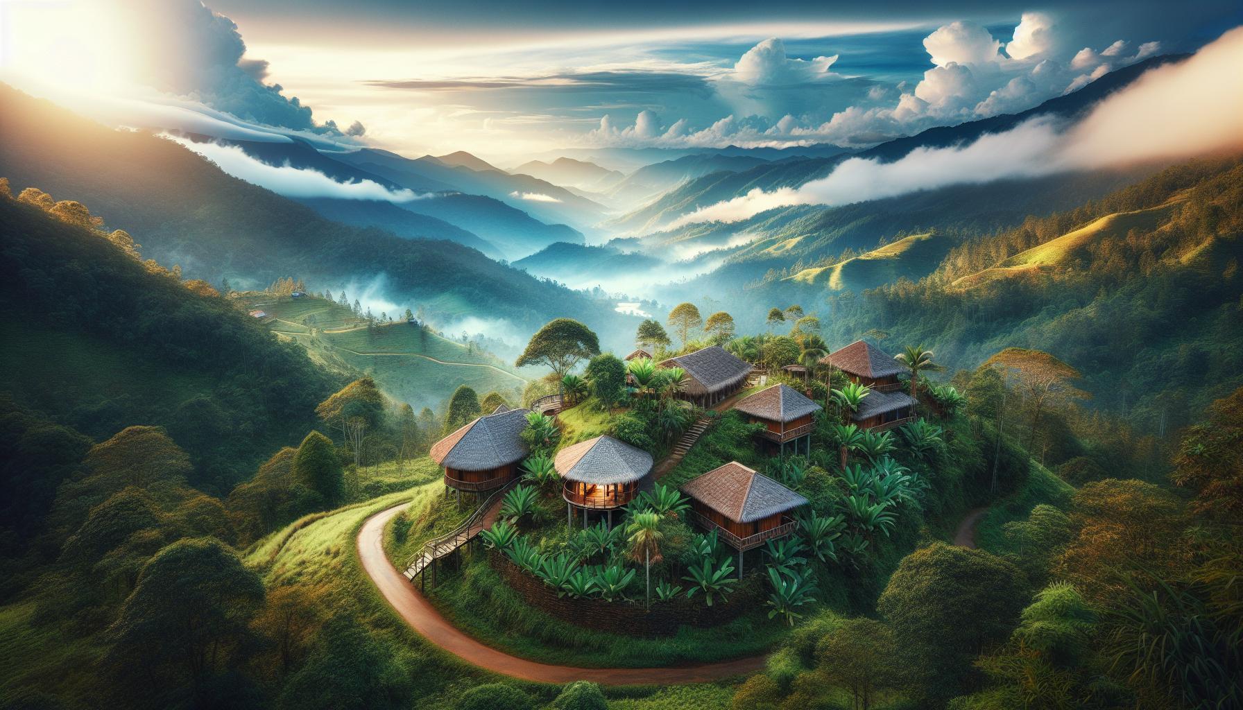 Mountain Village at Sunrise with Lush Landscapes and Mist