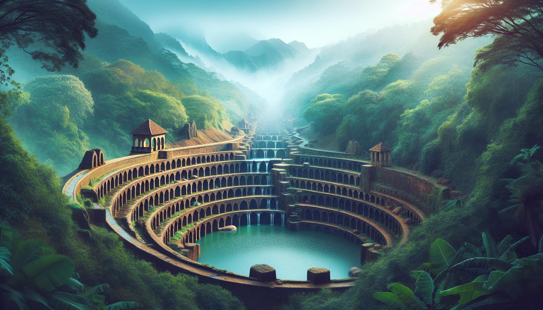 Mysterious Ancient Ruins Surrounded by Lush Greenery and Waterfalls