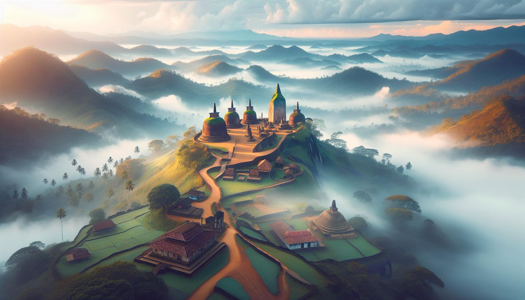 Mystical Mountain Temple Landscape at Sunrise