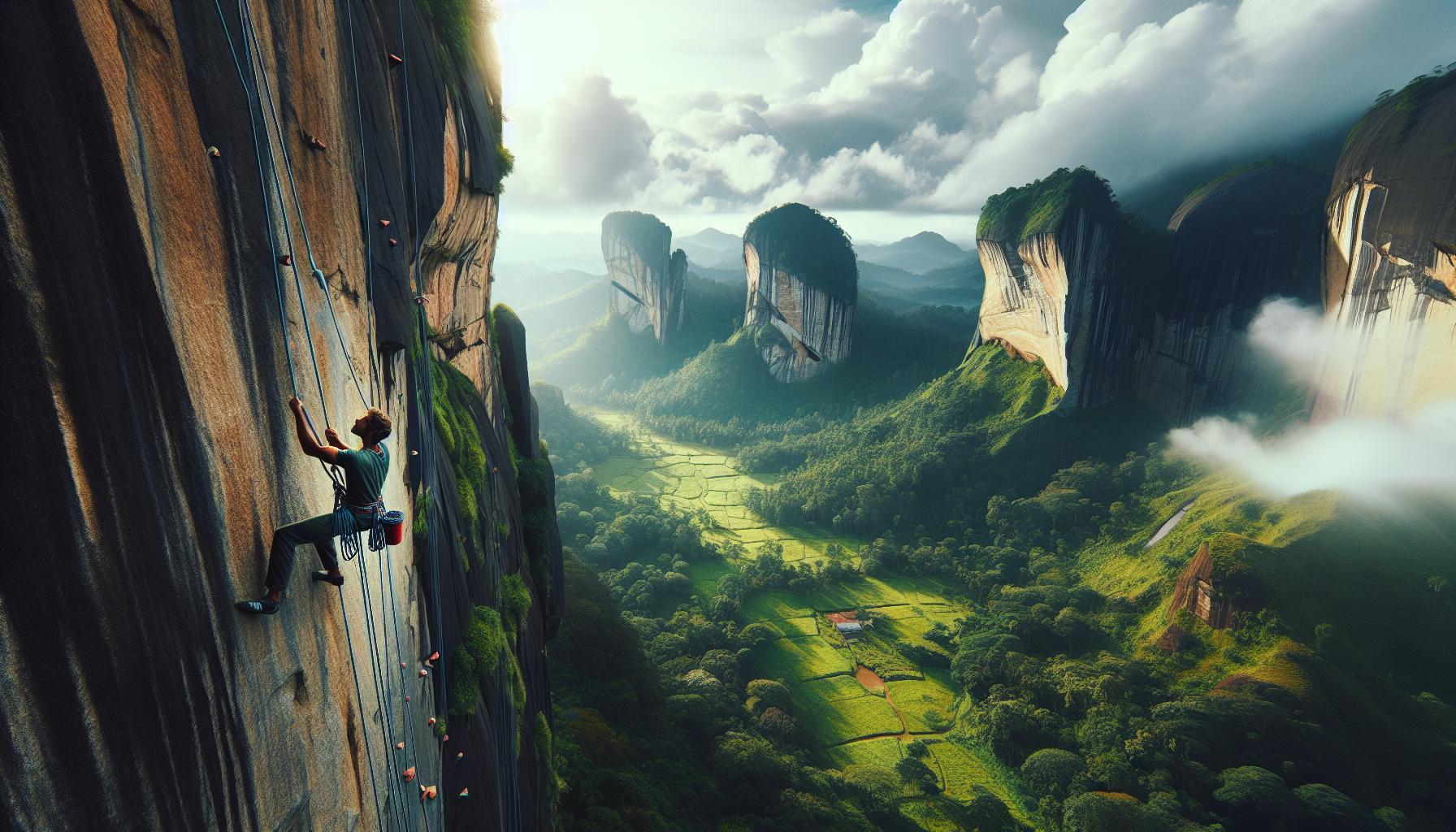 Rock Climber Ascending a Vertical Cliff in a Lush Mountain Landscape