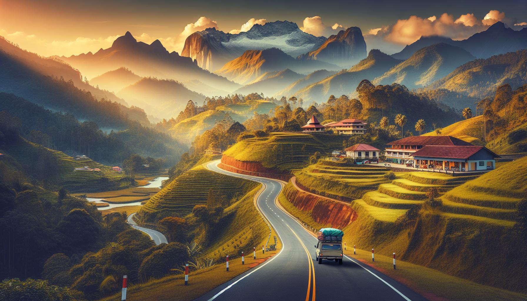 Scenic Mountainous Landscape with Winding Road and Houses