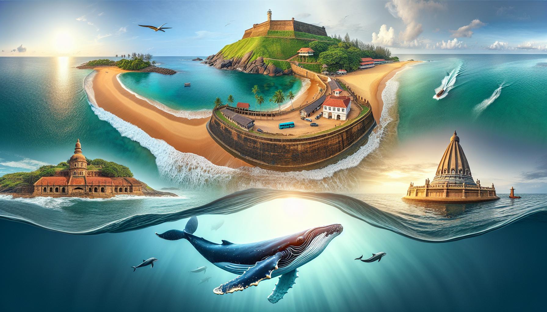 Scenic coastal landscapes featuring landmarks, a whale, and marine life