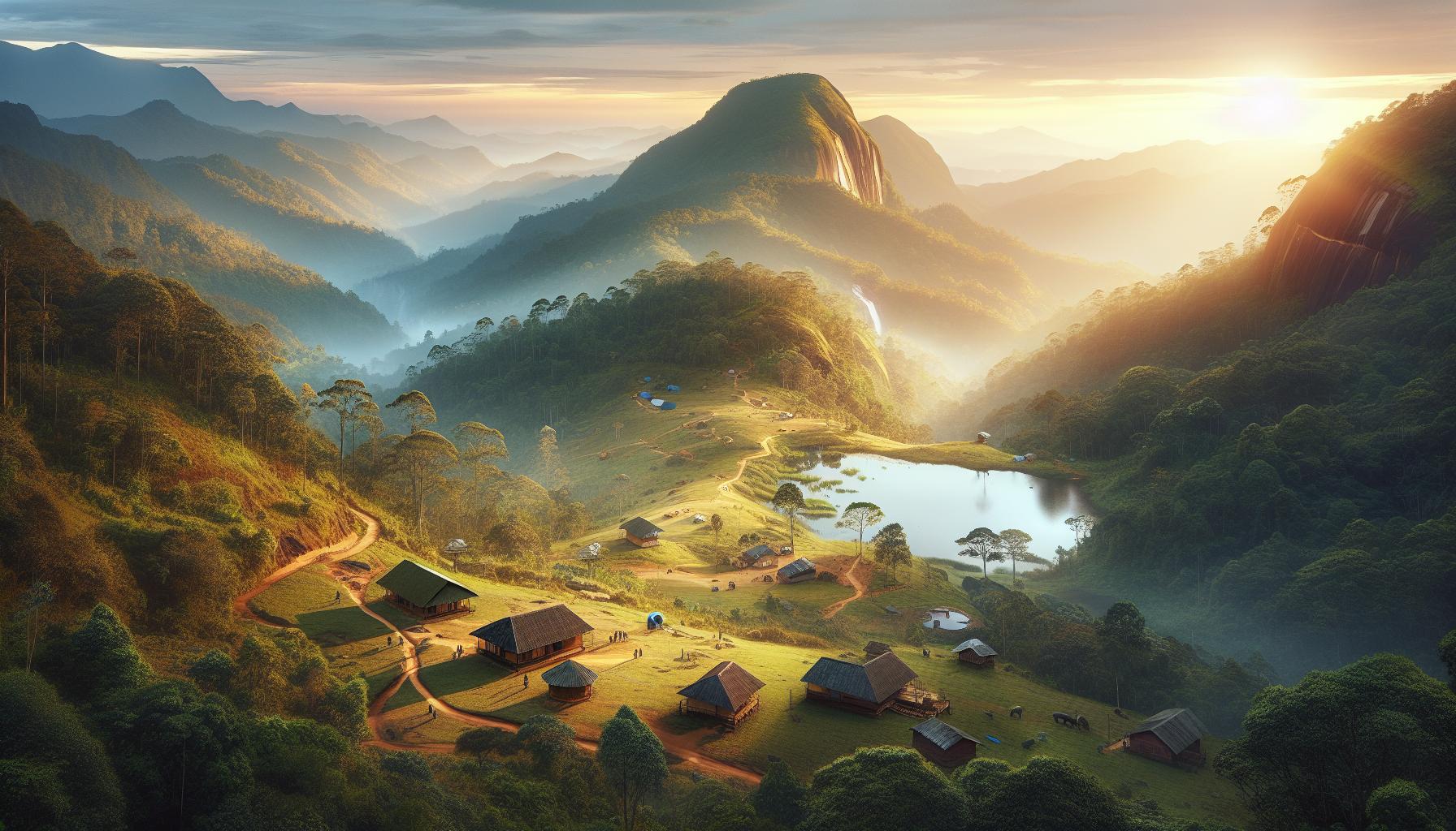 Serene Mountain Landscape at Sunrise with Villages and Lake