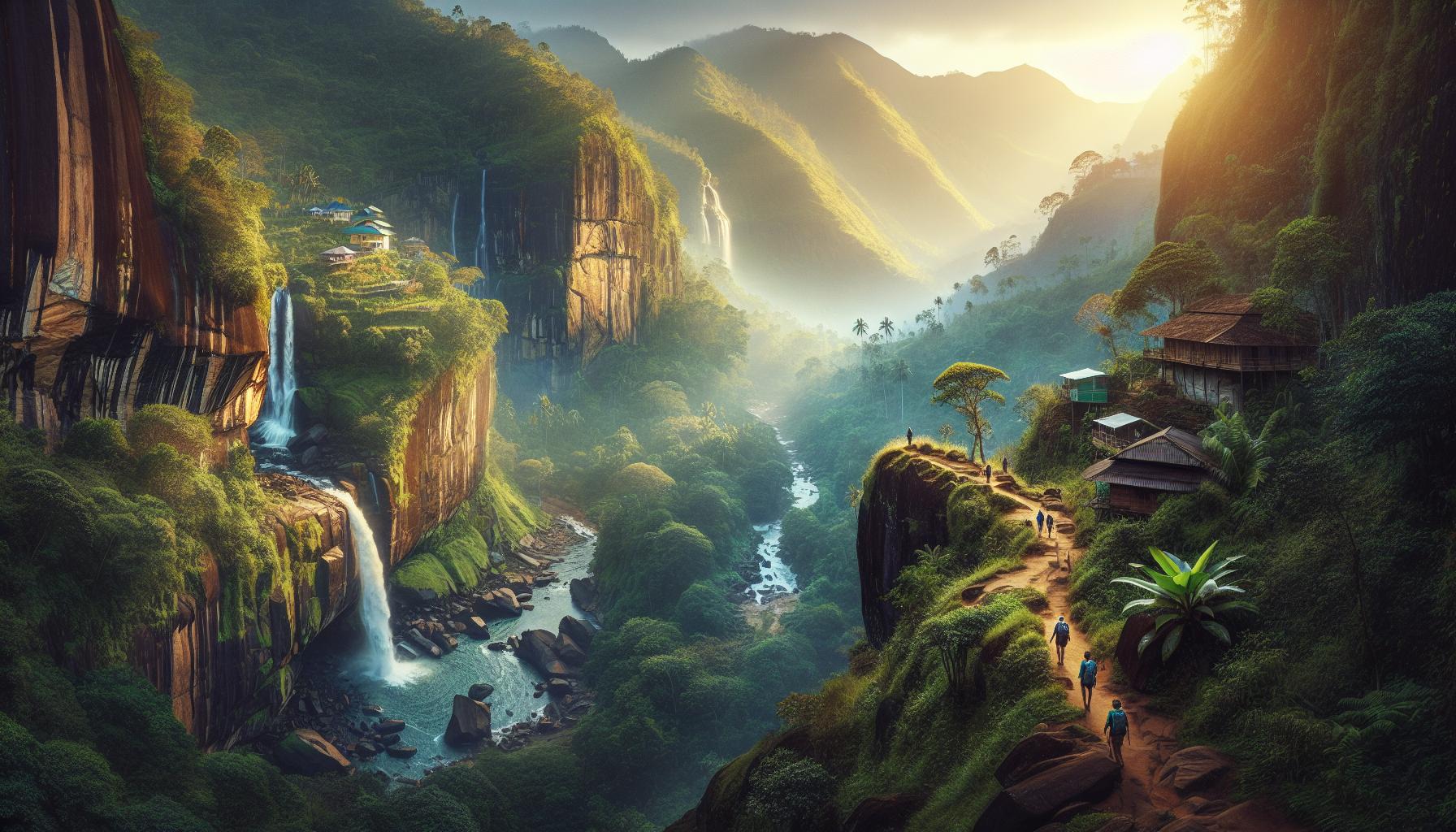 Serene-Mountain-Landscape-with-Waterfalls-and-Hikers