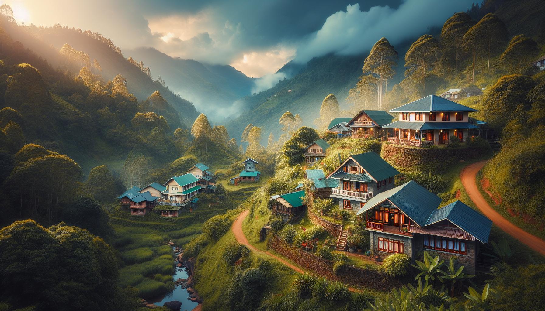 Serene Mountain Village Landscape at Dusk