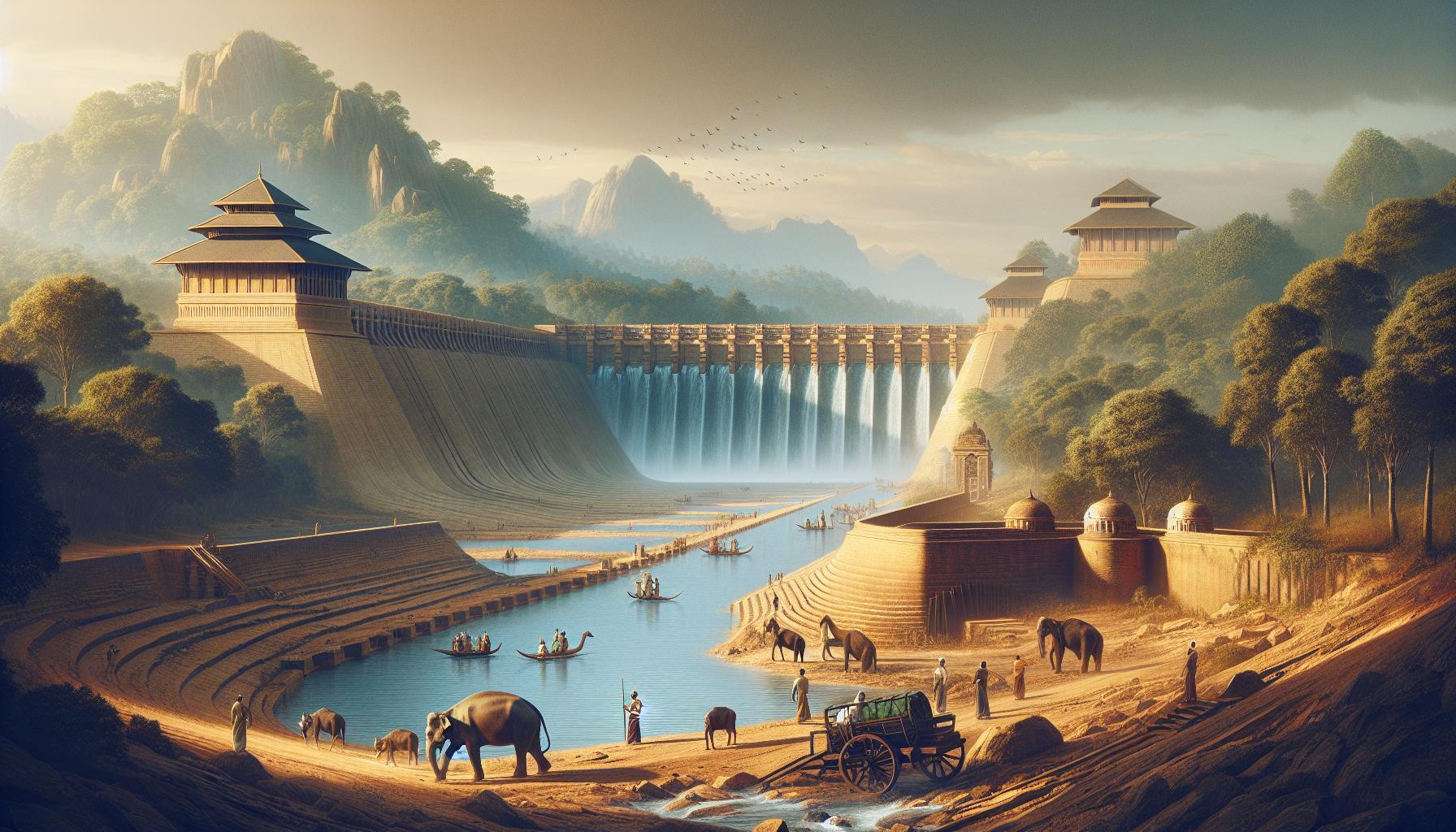 Serene landscape with dam, river, and elephants in historical setting