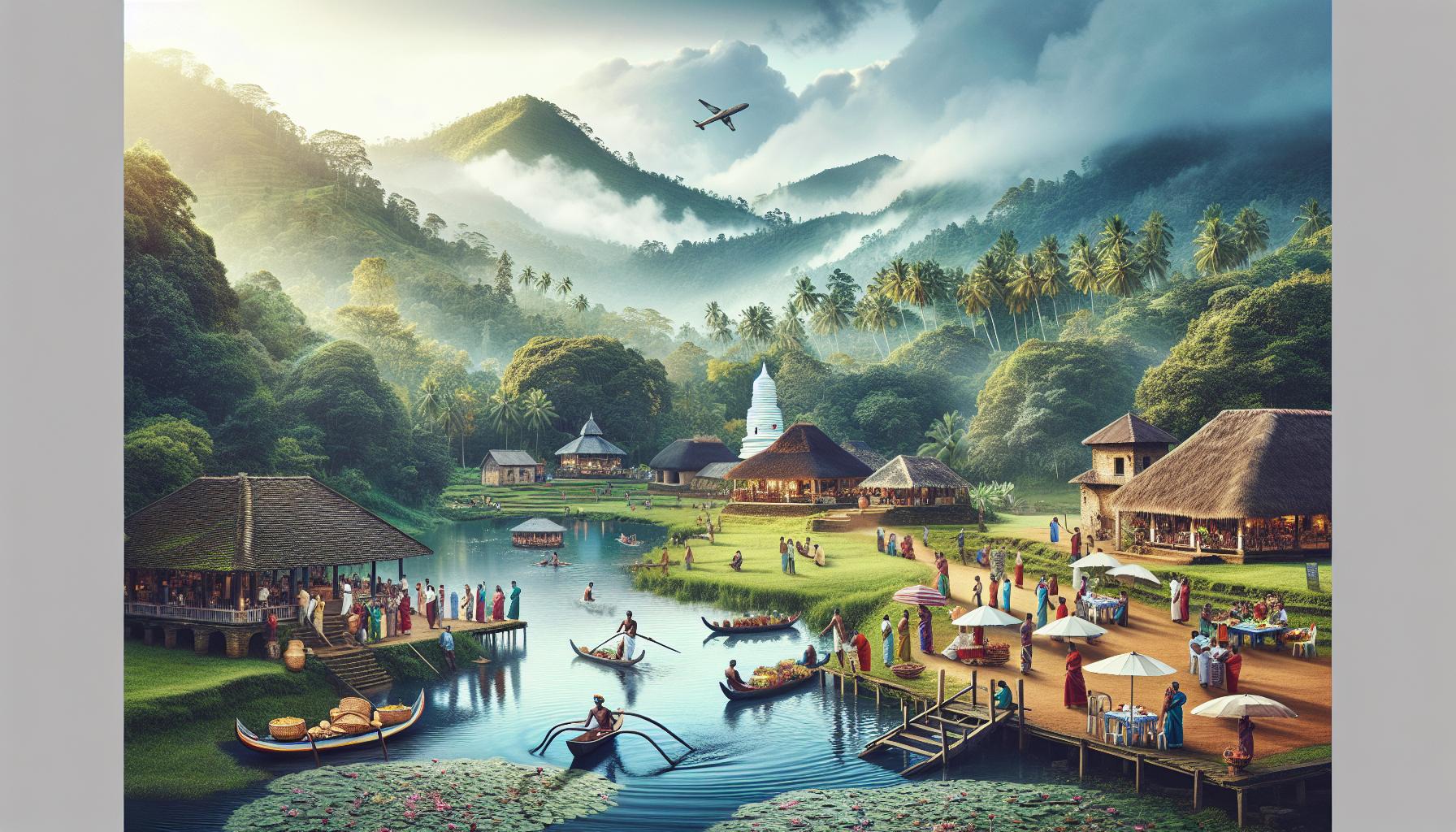 Serene village market by the river in a lush mountainous landscape