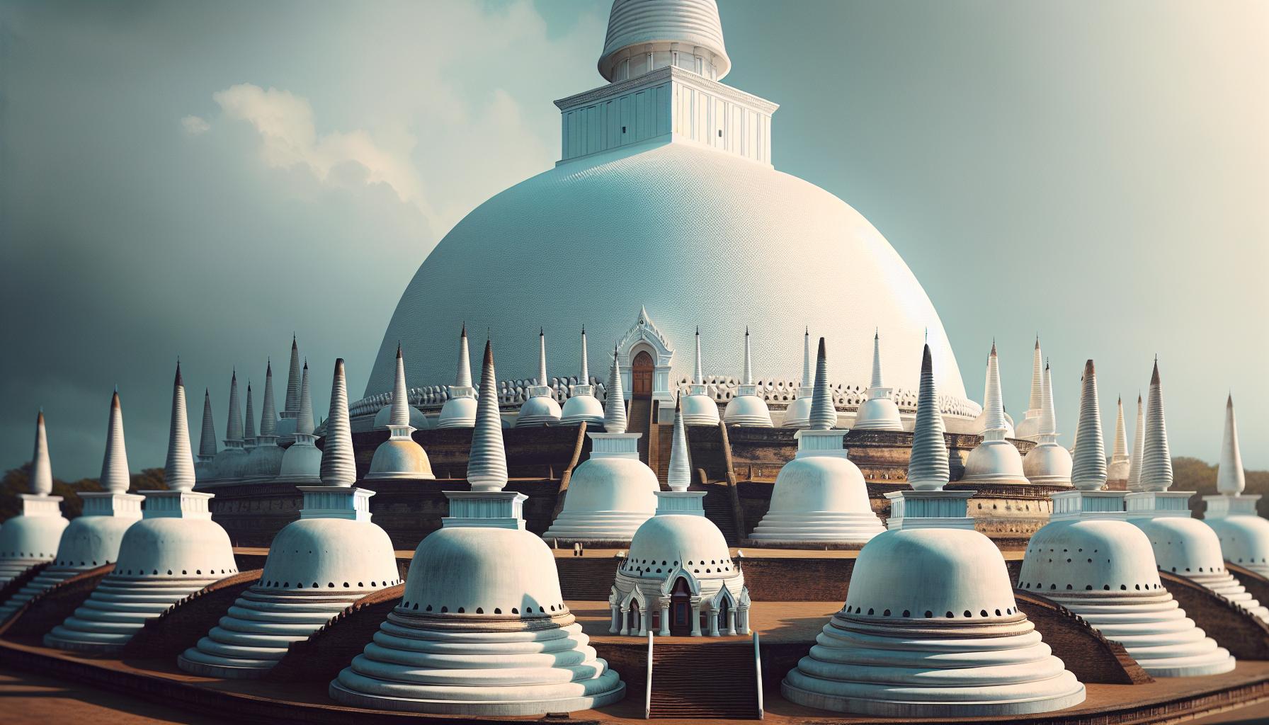 Stupa complex with dome and spires under cloudy sky