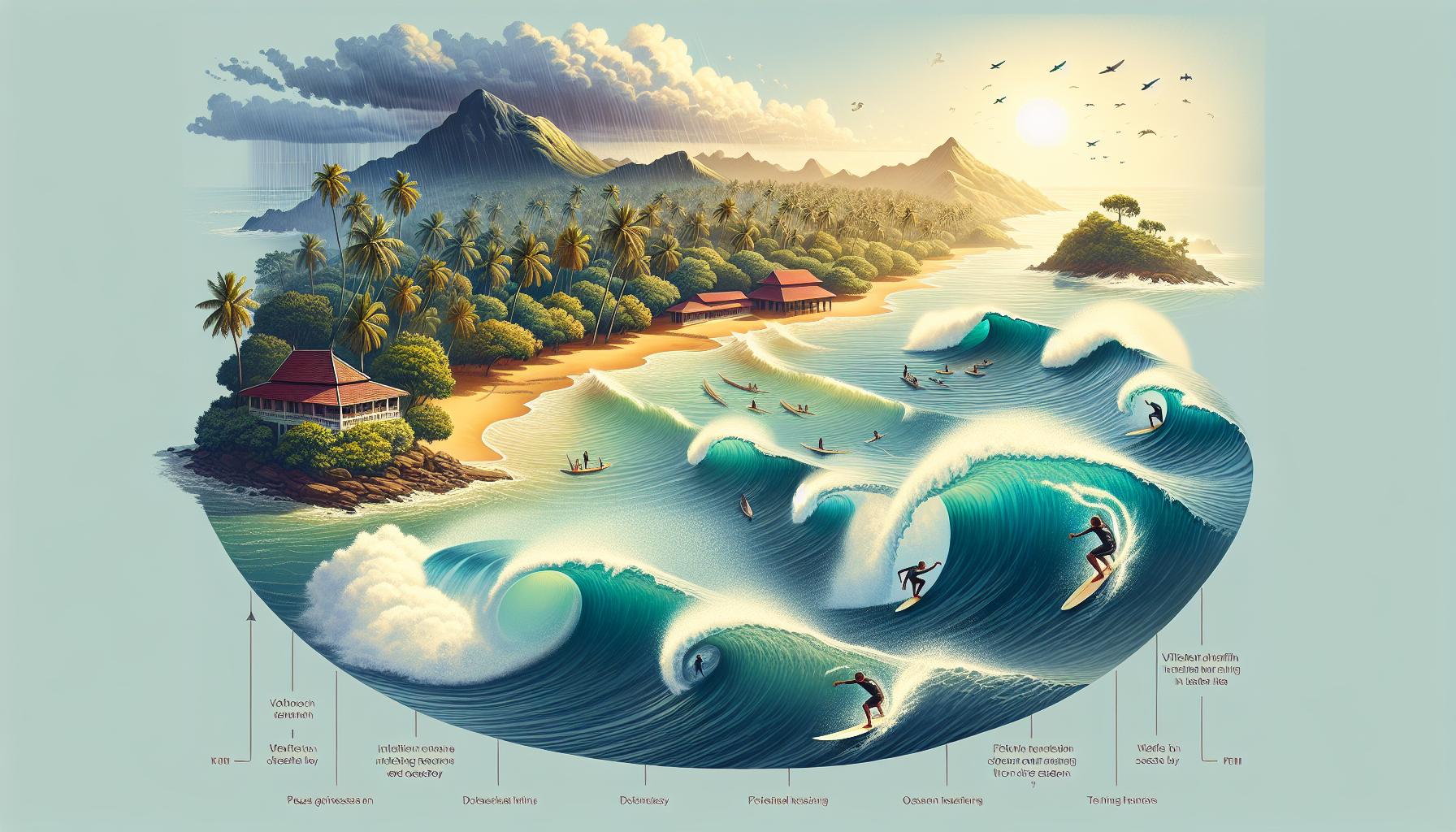 Surfing Waves Illustration with Tropical Island and Surfers