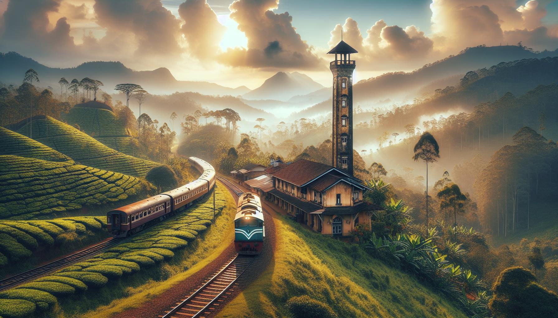 Train Journey Through Scenic Tea Plantations at Sunrise