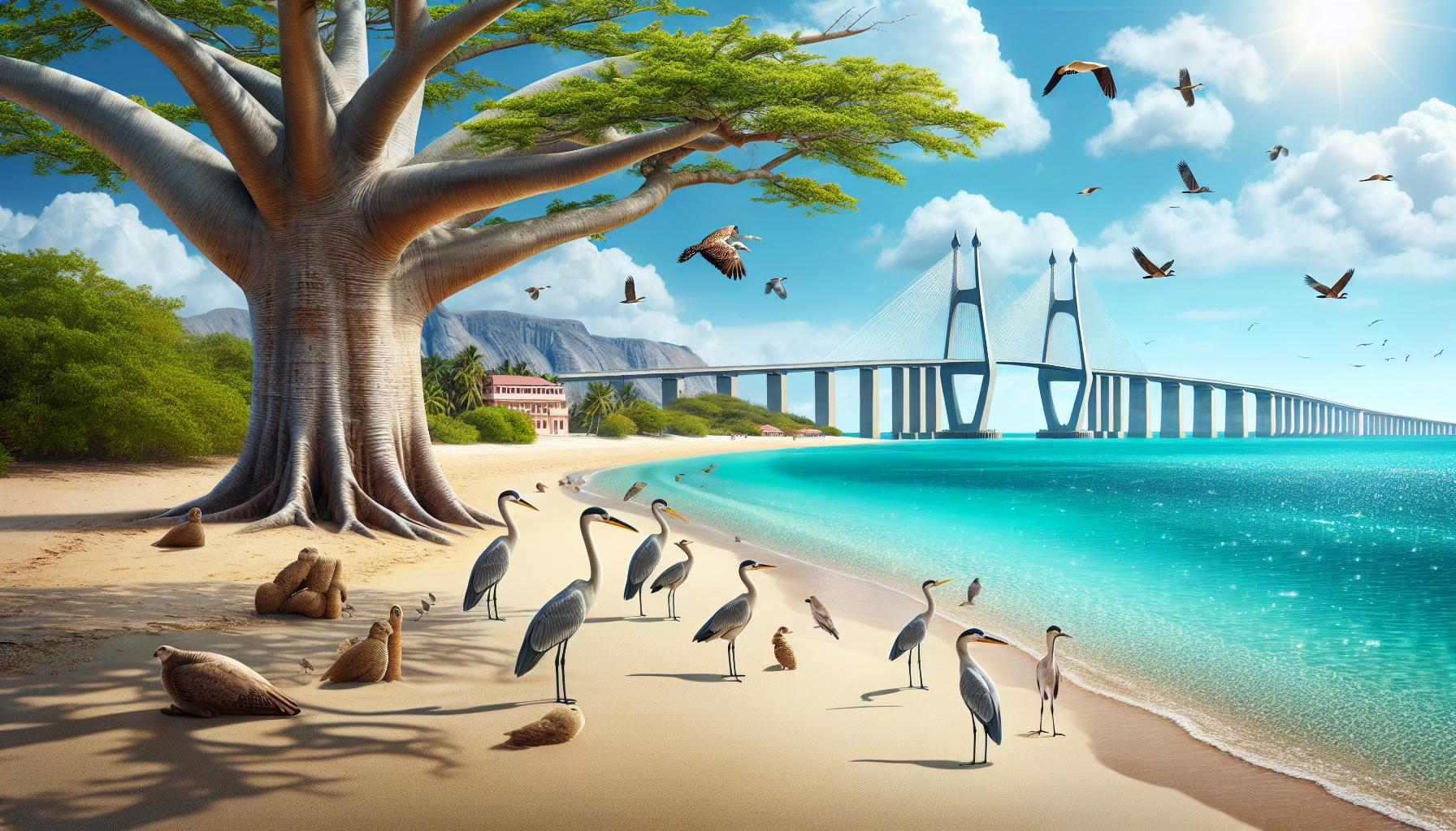 Tropical Beach with Herons and Modern Bridge Under Blue Sky