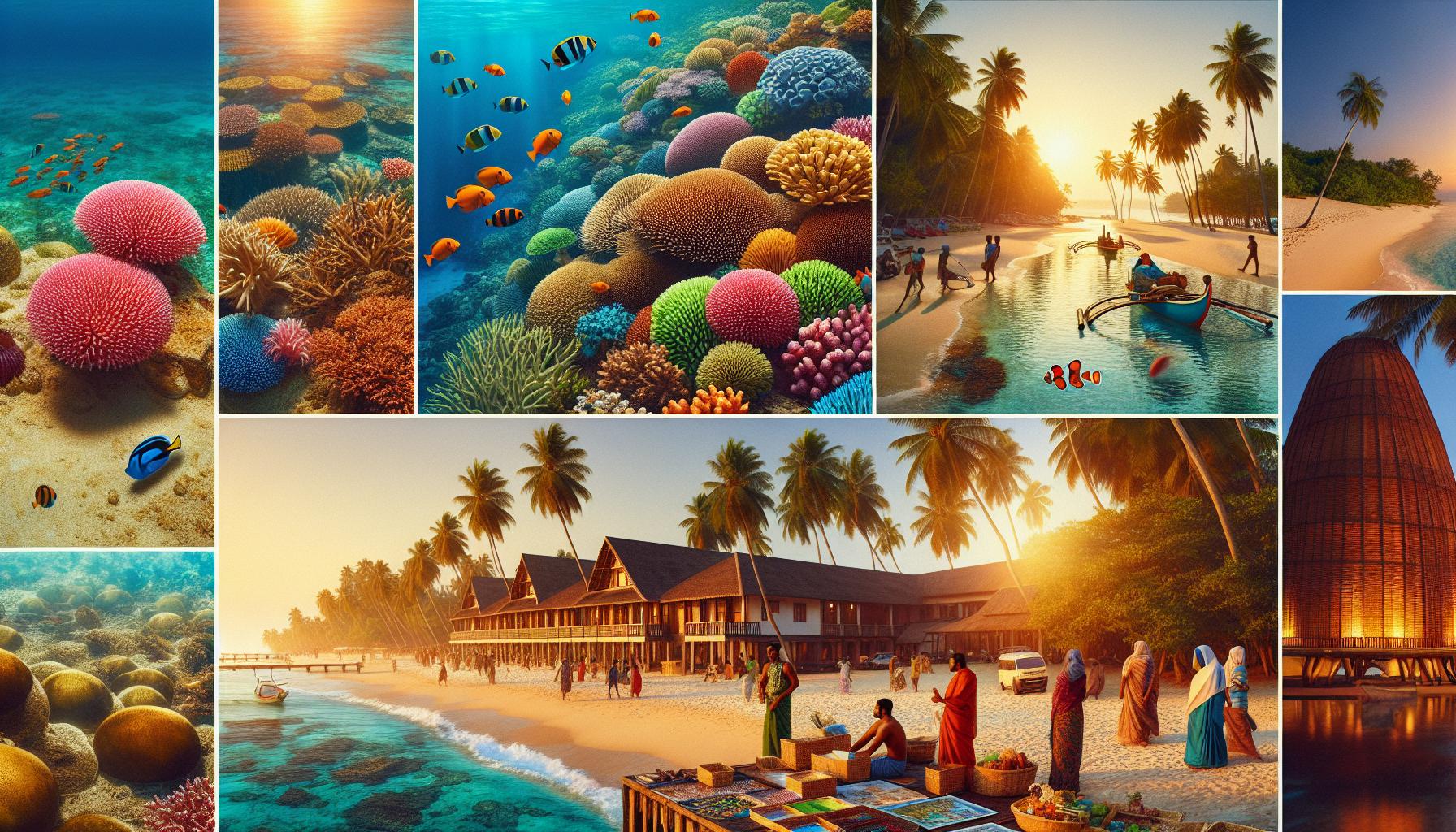 Tropical Coral Reef and Beachfront Scene with Palm Trees and Local Culture