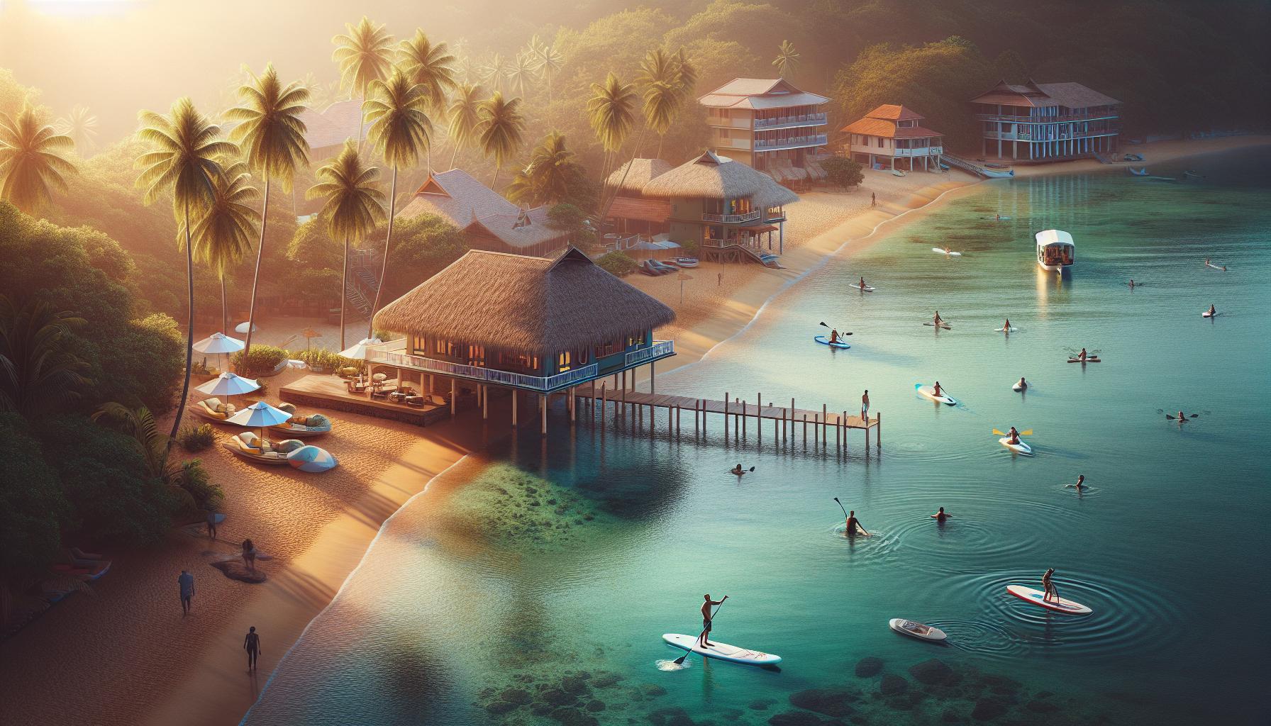 Tropical beach resort at sunset with watersports and palm trees