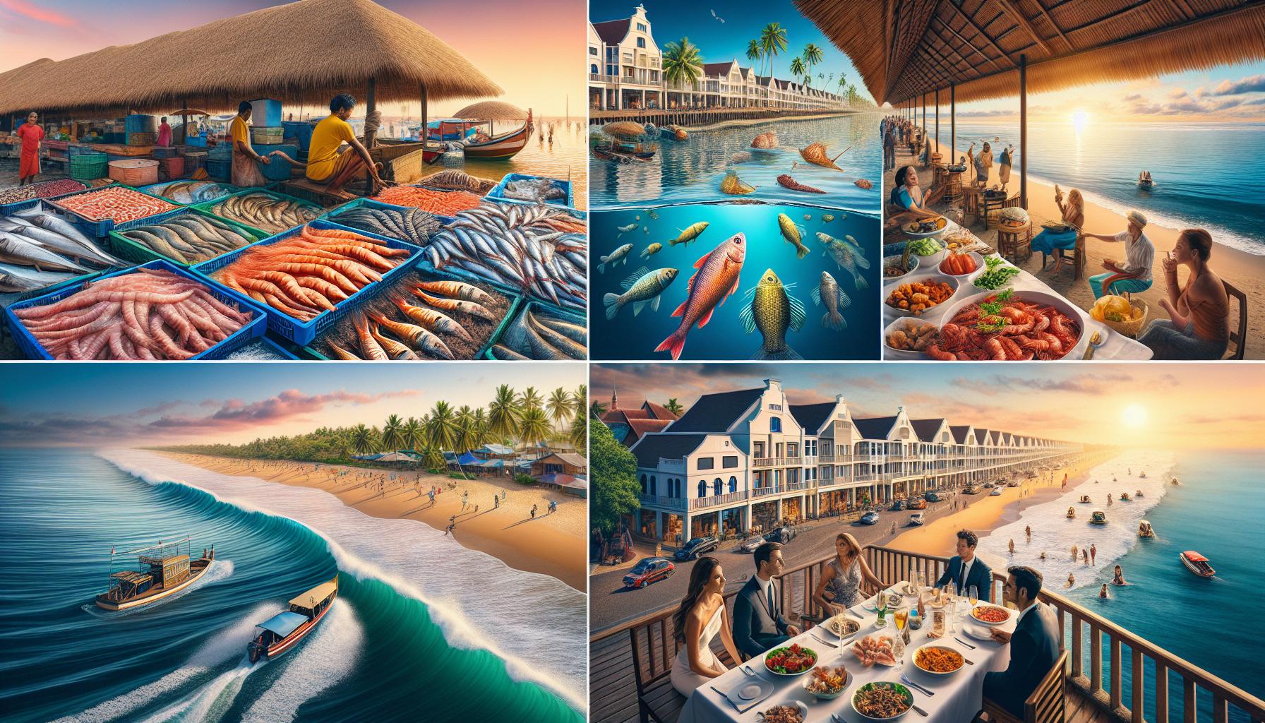 Vibrant coastal market and dining experience showcasing seafood and beach activities