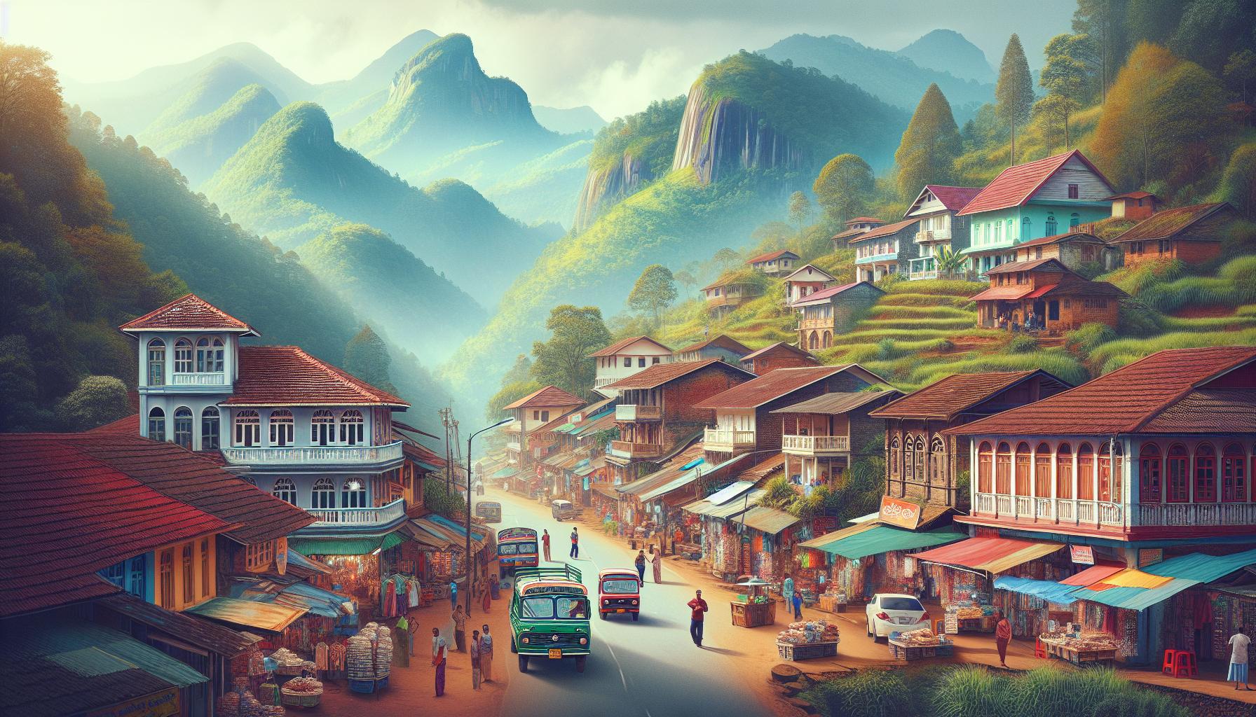 Village market surrounded by hills and colorful houses