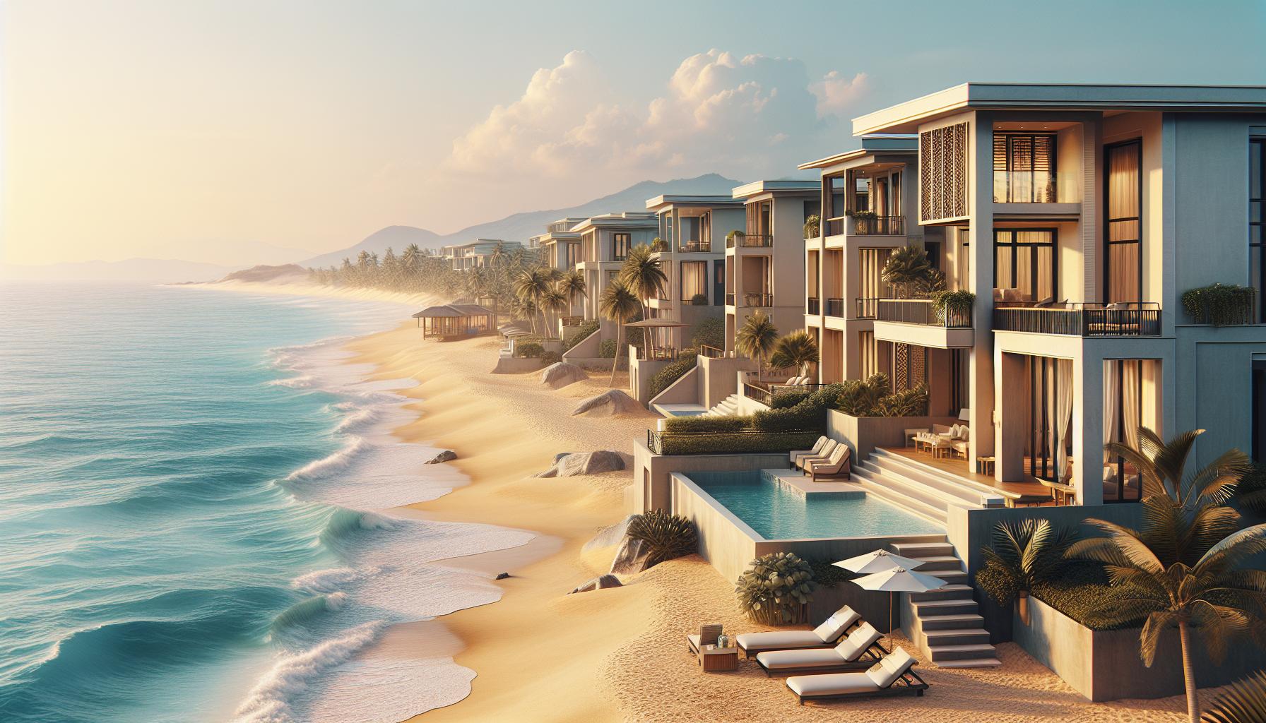 luxurious beachfront villas at sunrise