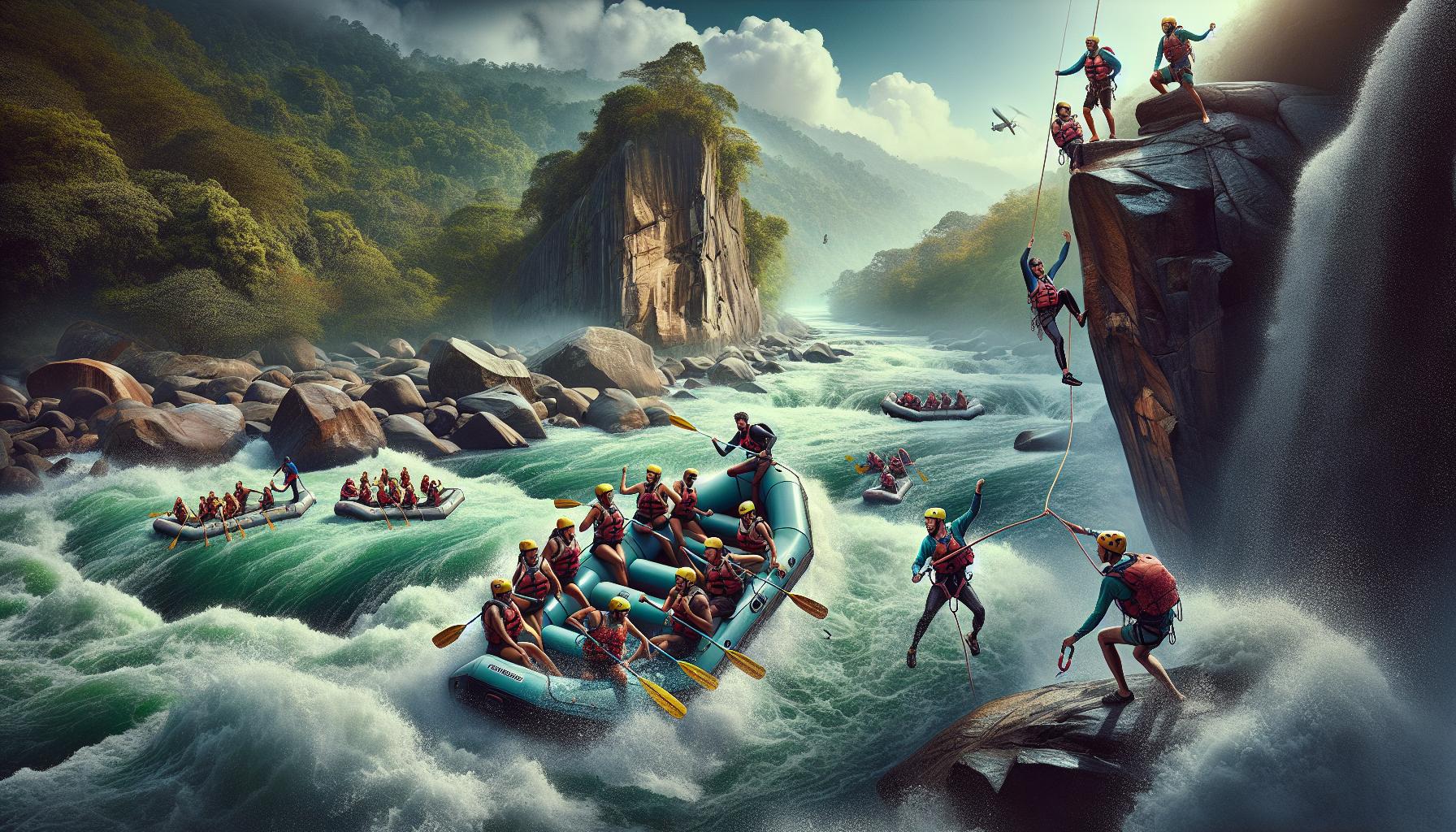 Adventurous Whitewater Rafting and Rock Climbing in Scenic Landscape