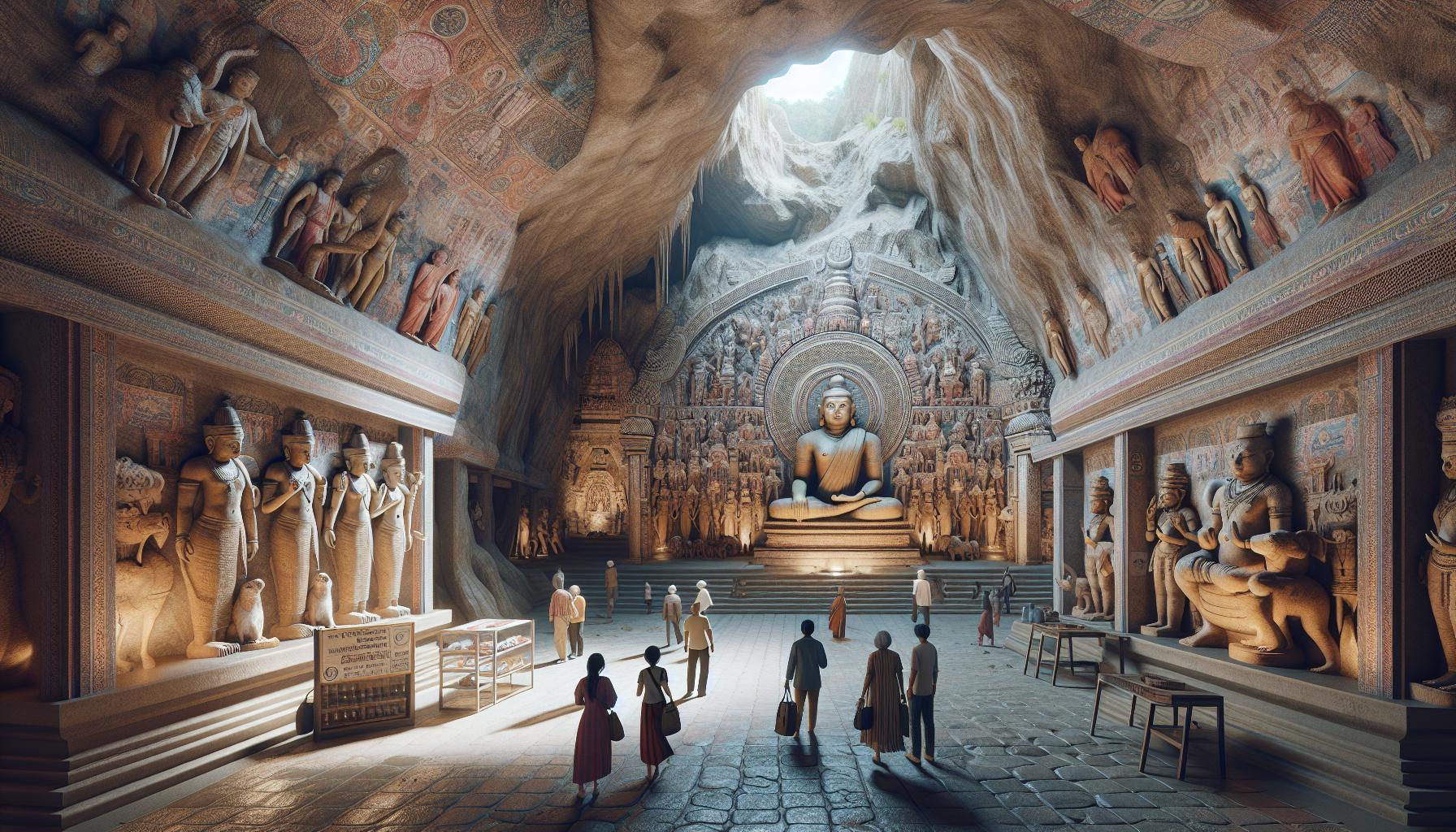 Buddhist Cave Temple with Statues and Intricate Carvings