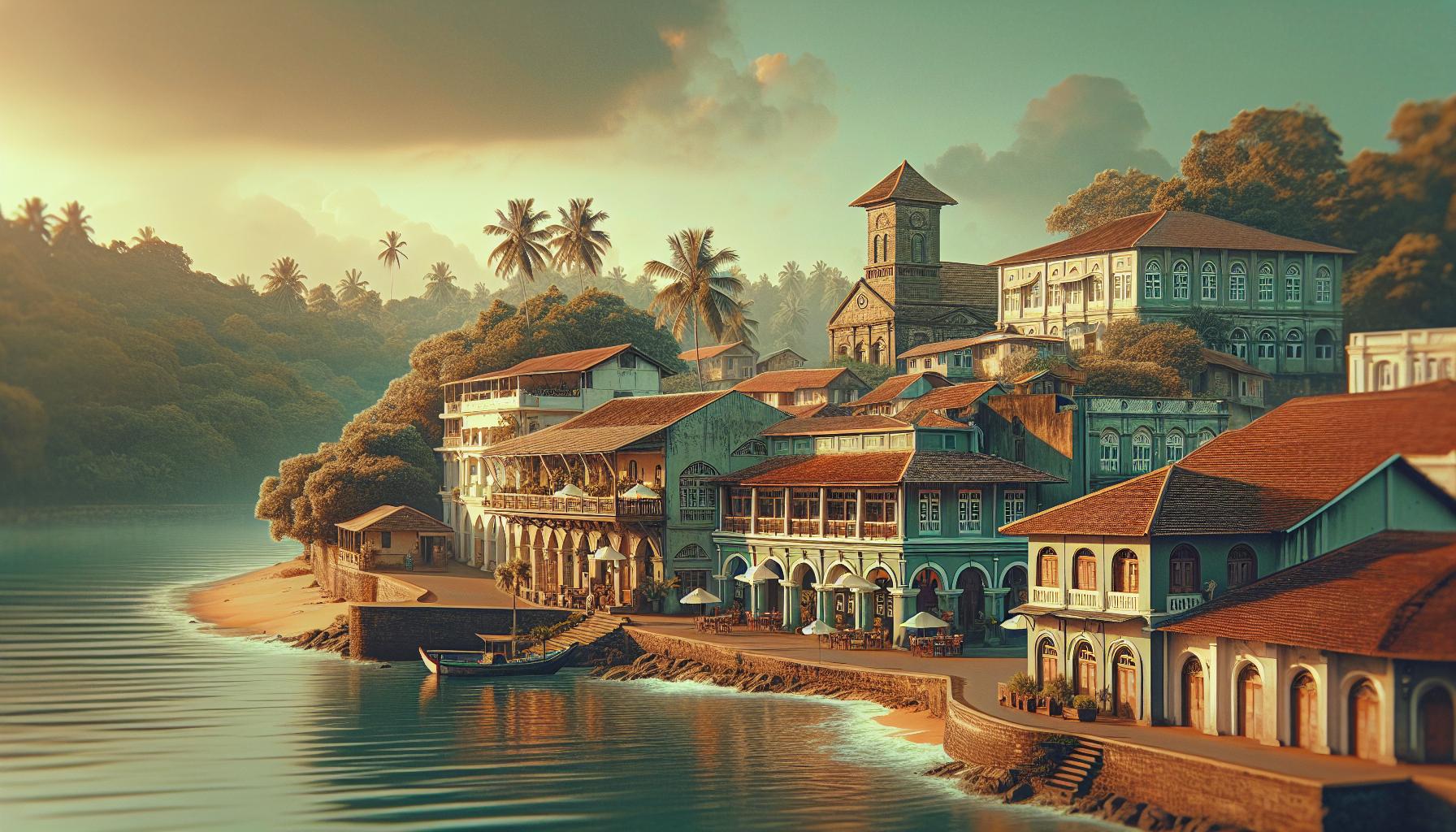 Coastal Town at Sunset with Tropical Architecture and Palm Trees