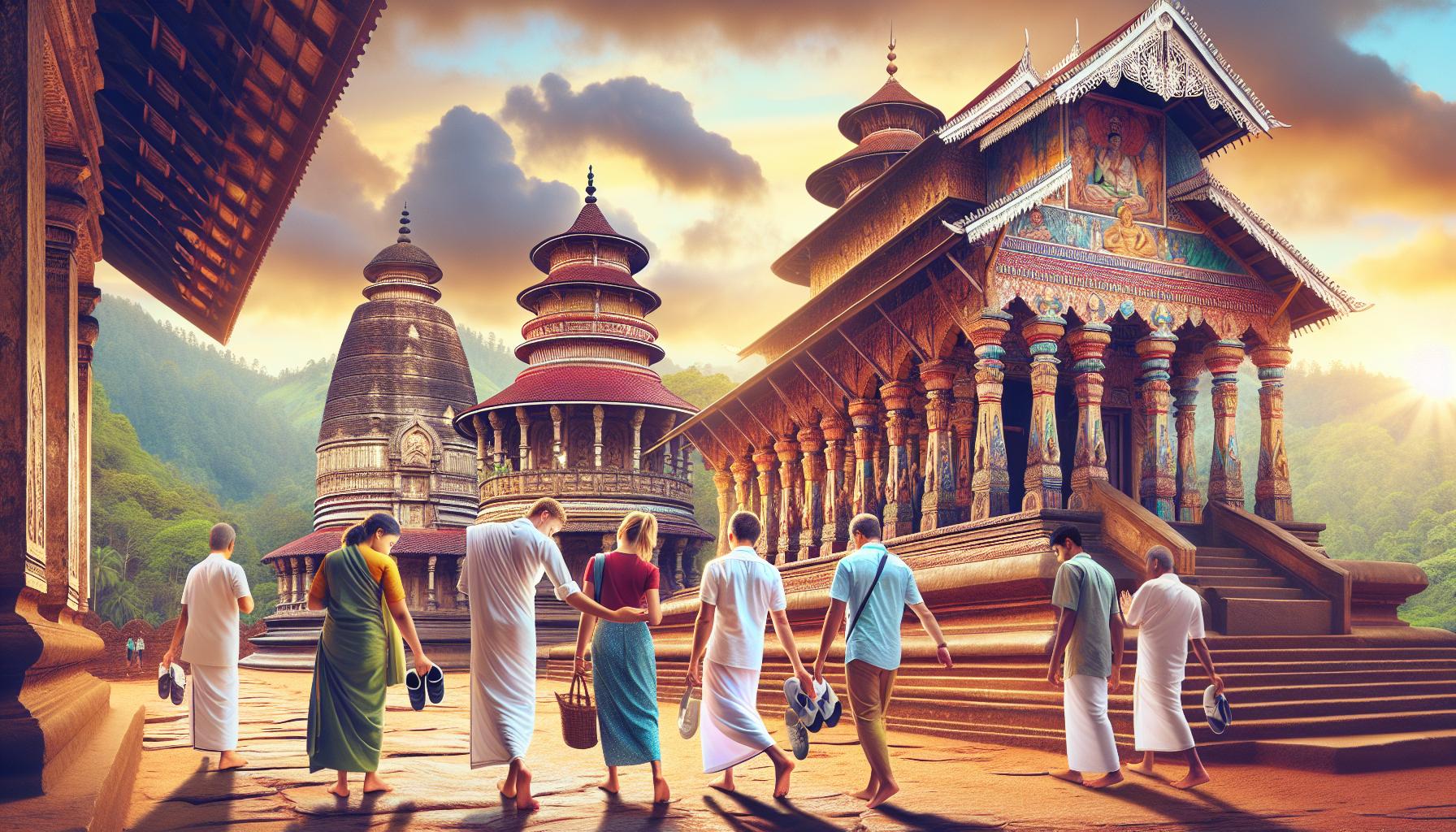 Cultural pilgrims walking towards intricately carved temples at sunrise