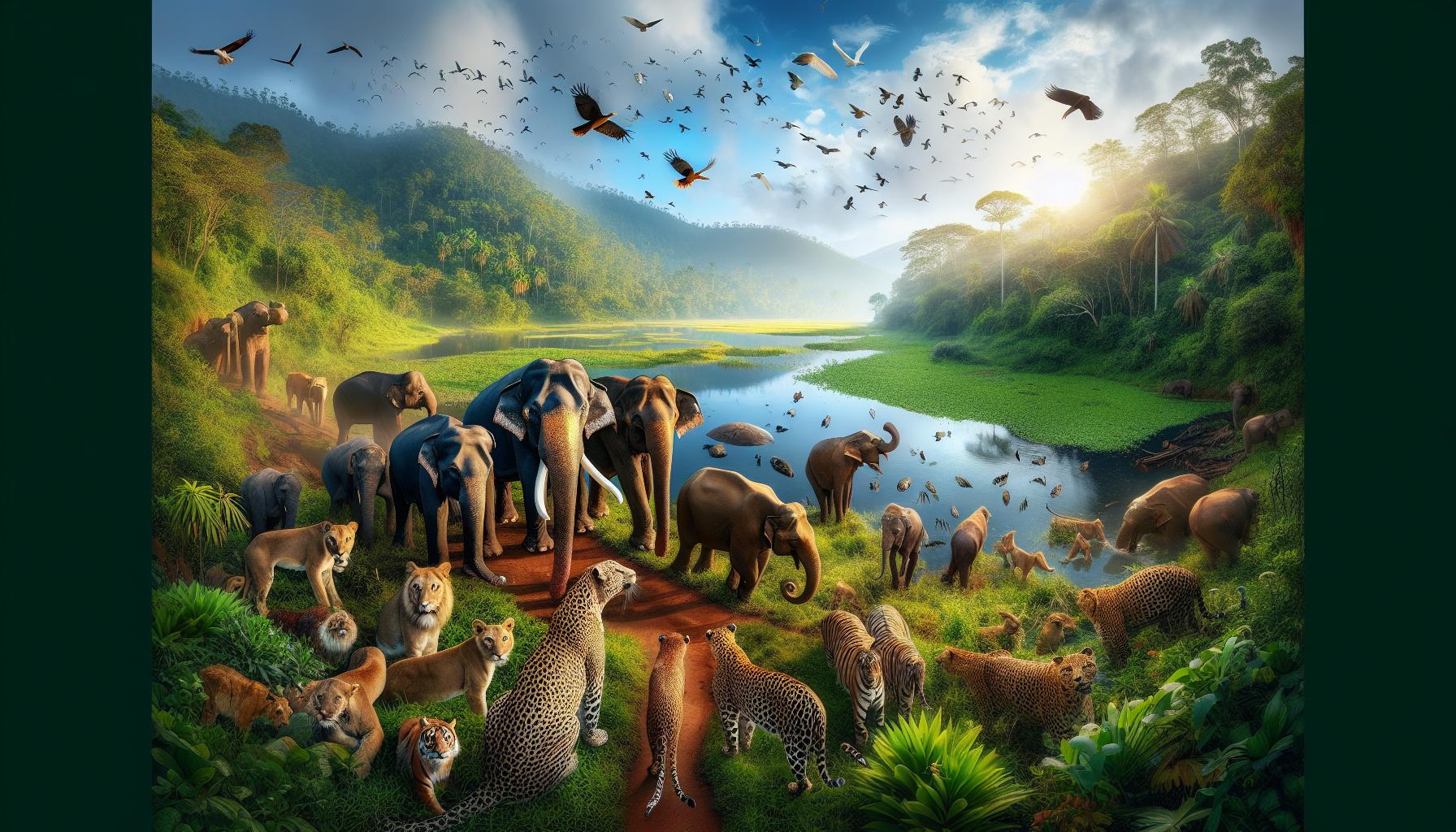 Diverse Wildlife Gathering by a Serene Lake in a Lush Forest Landscape