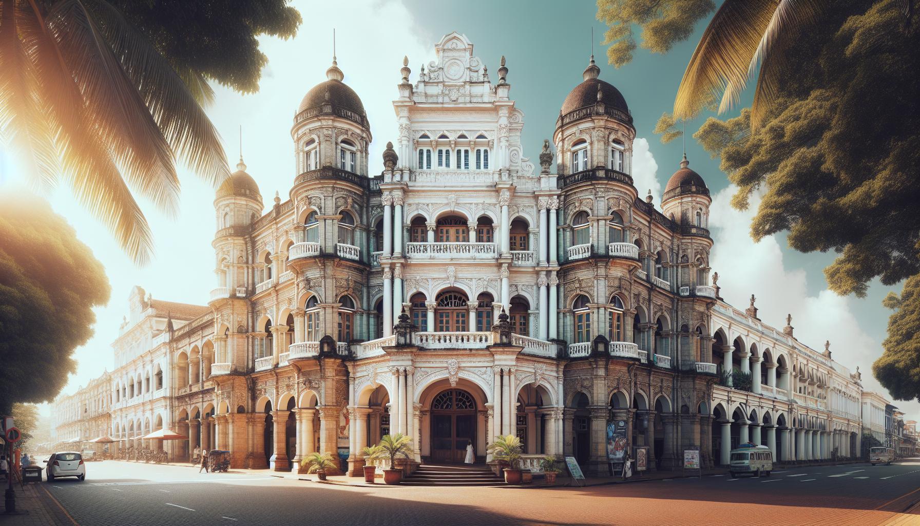 Heritage Building with Colonial Architecture and Lush Landscaping