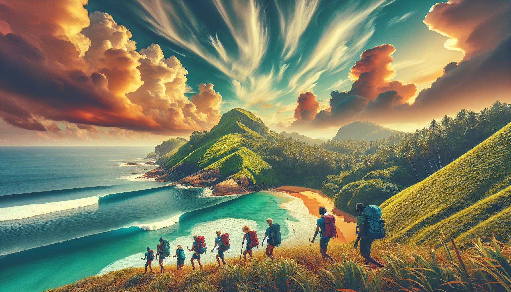 Hikers Exploring a Coastal Landscape at Sunset