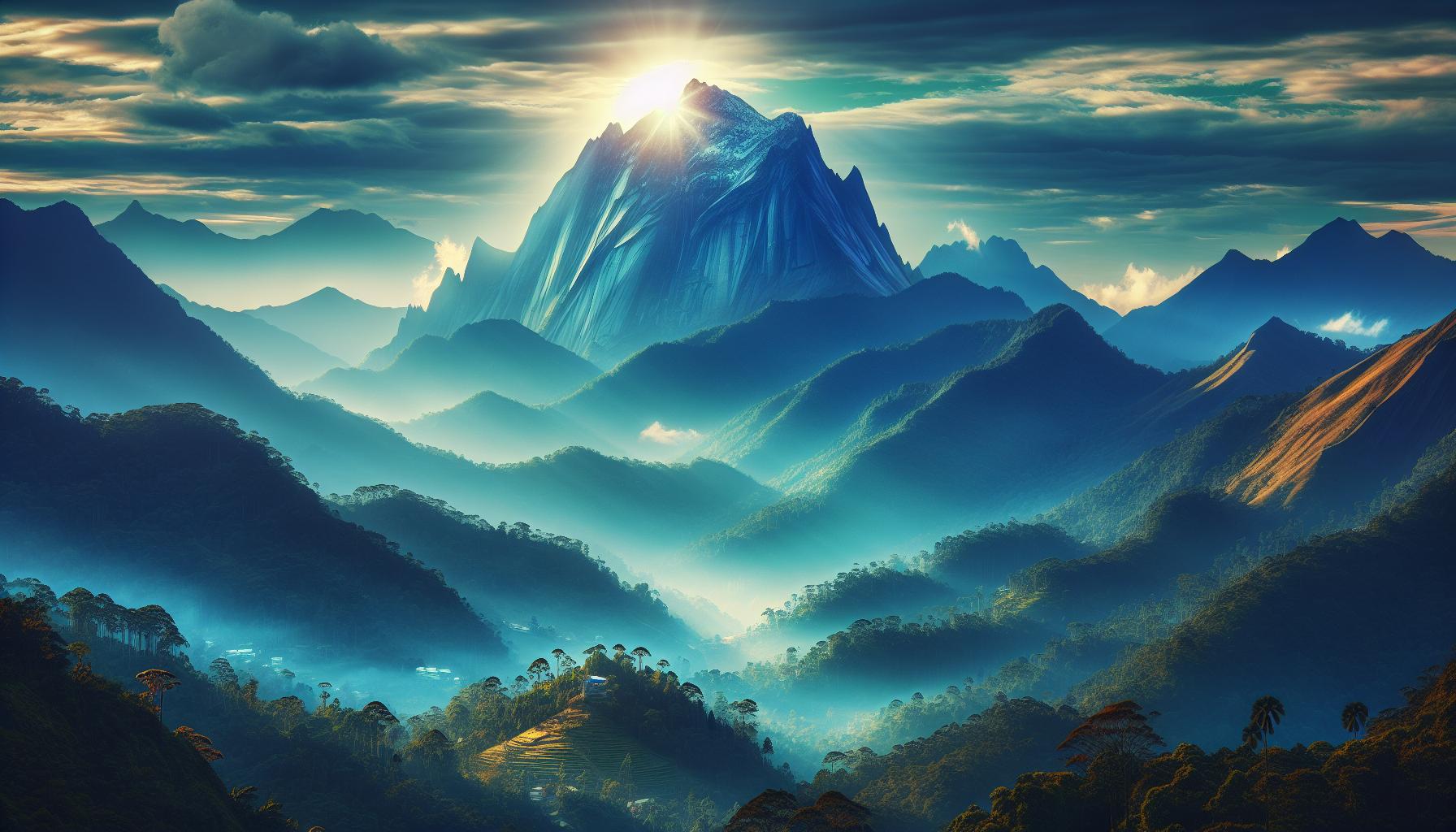 Majestic mountain landscape at sunrise with layers of misty hills and dramatic lighting