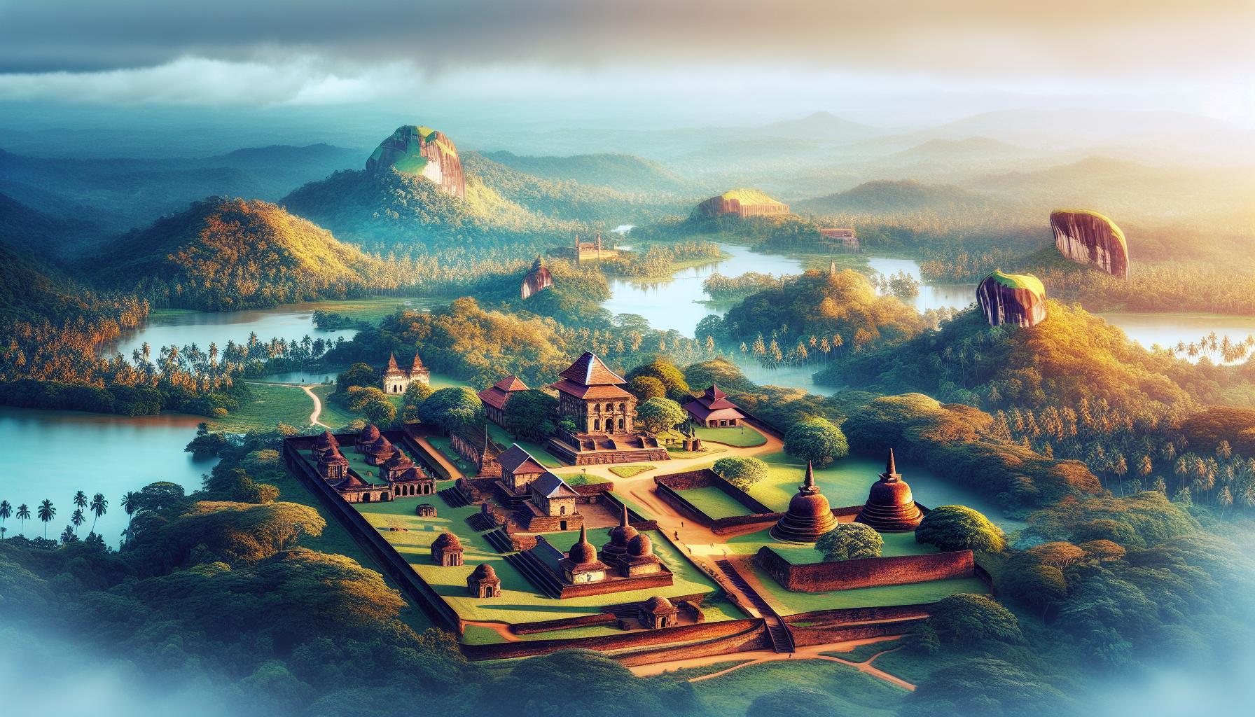 Serene Landscape with Ancient Temples and Lush Greenery