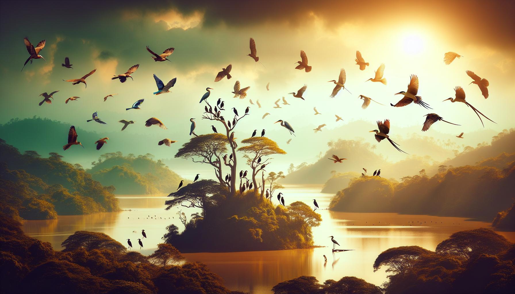 Serene Landscape with Flying Birds at Sunrise