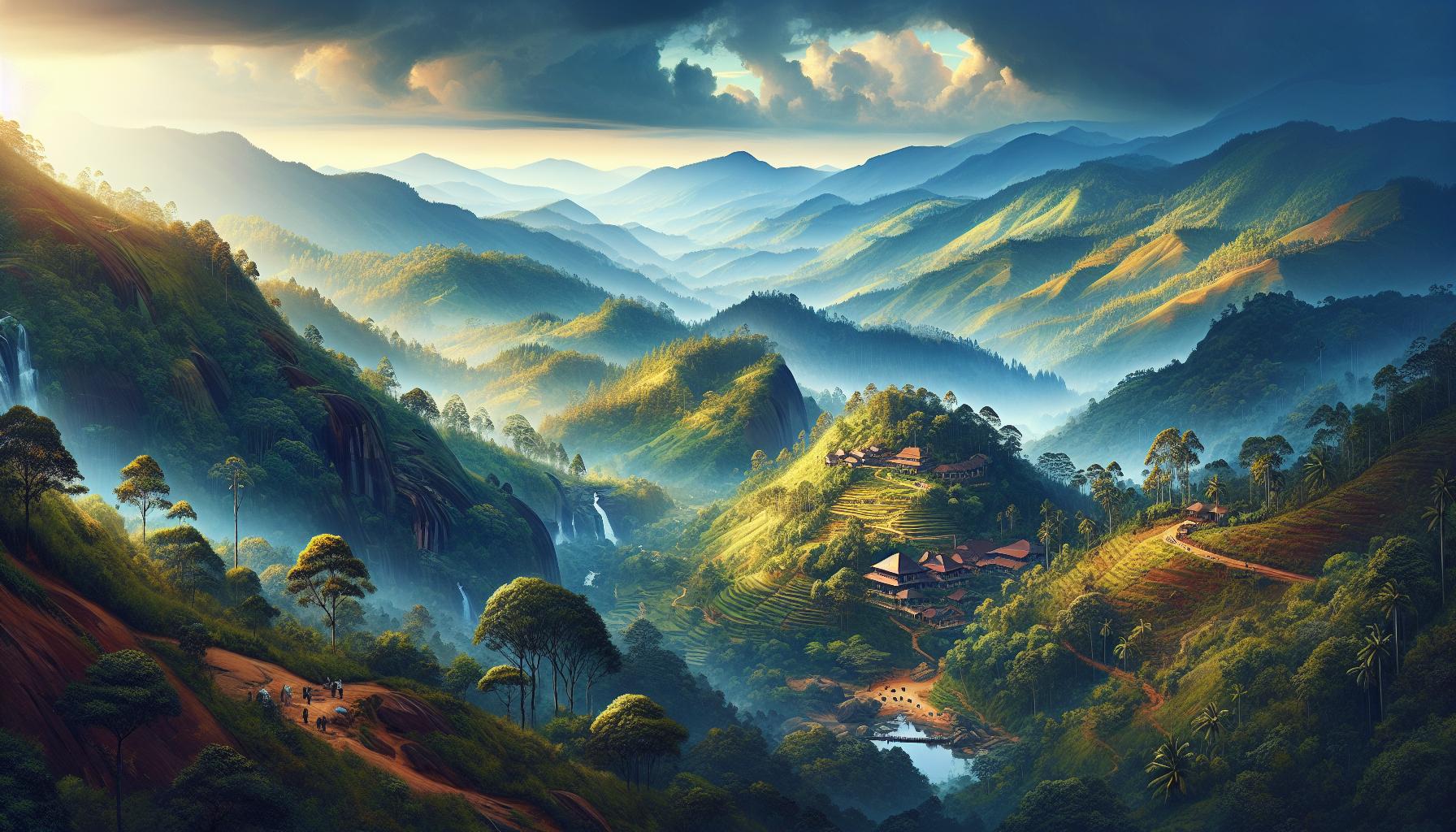 Serene Mountain Landscape with Lush Greenery and Waterfalls