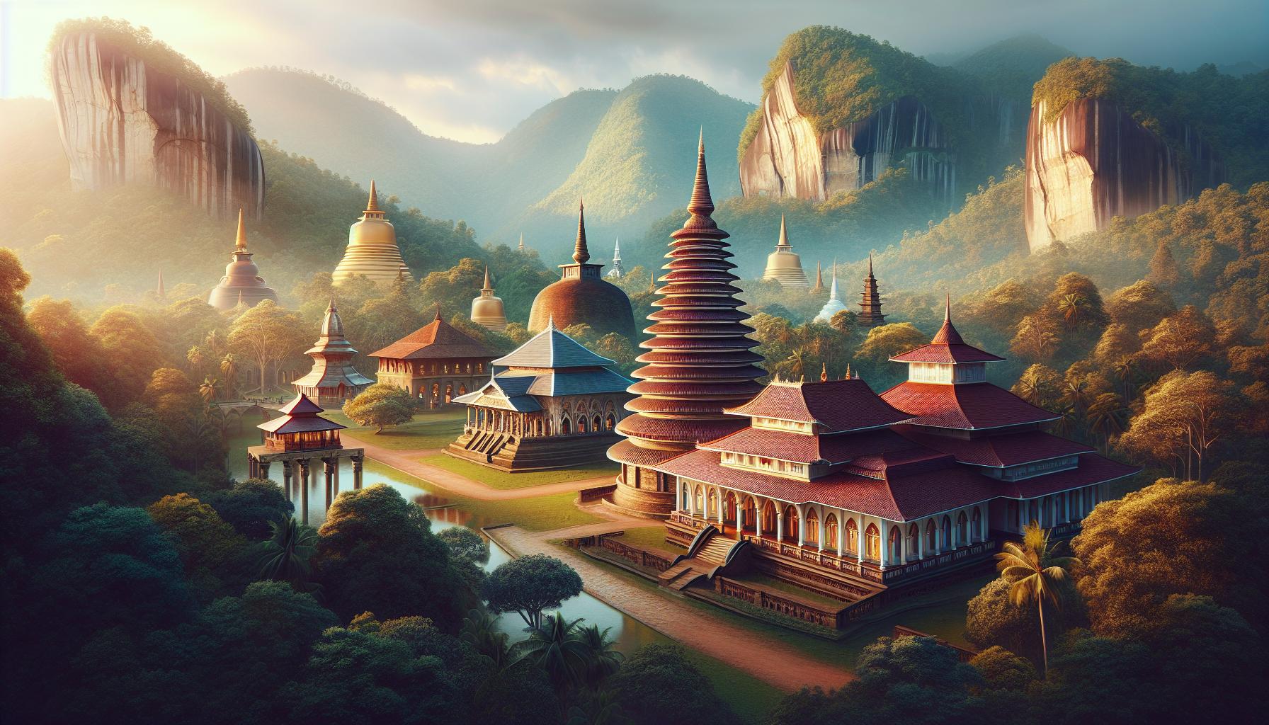 Serene Mountain Temple Complex at Dawn