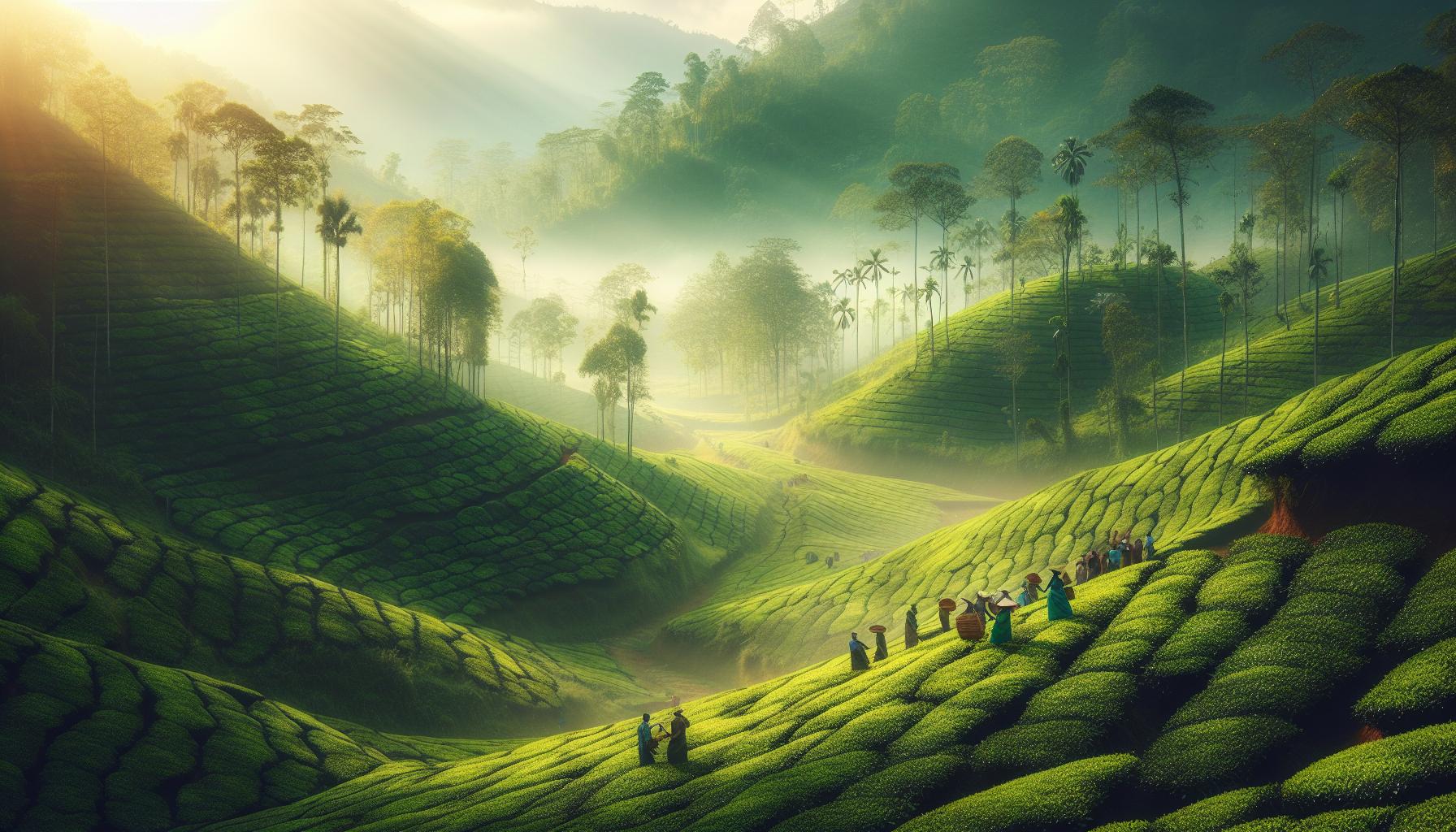 Serene Tea Plantation Landscape with Workers in Lush Green Hills