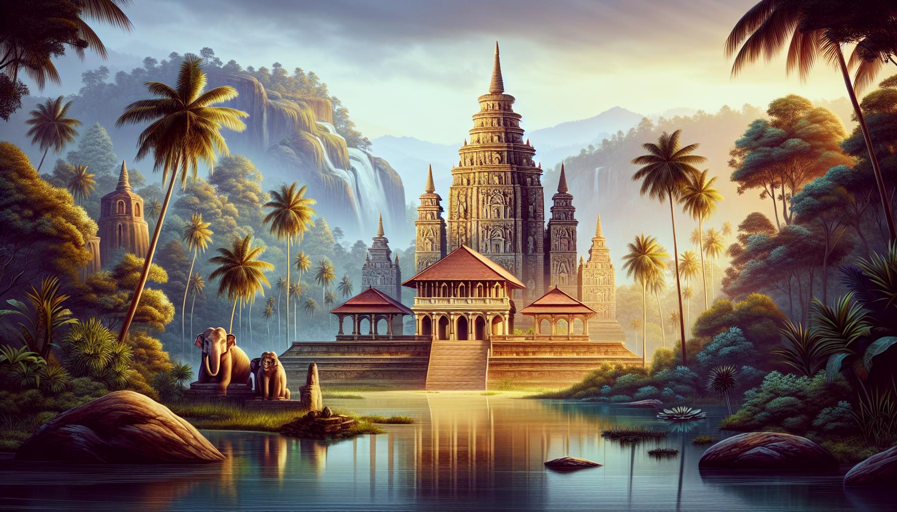 Serene Temple Landscape with Elephants and Palm Trees