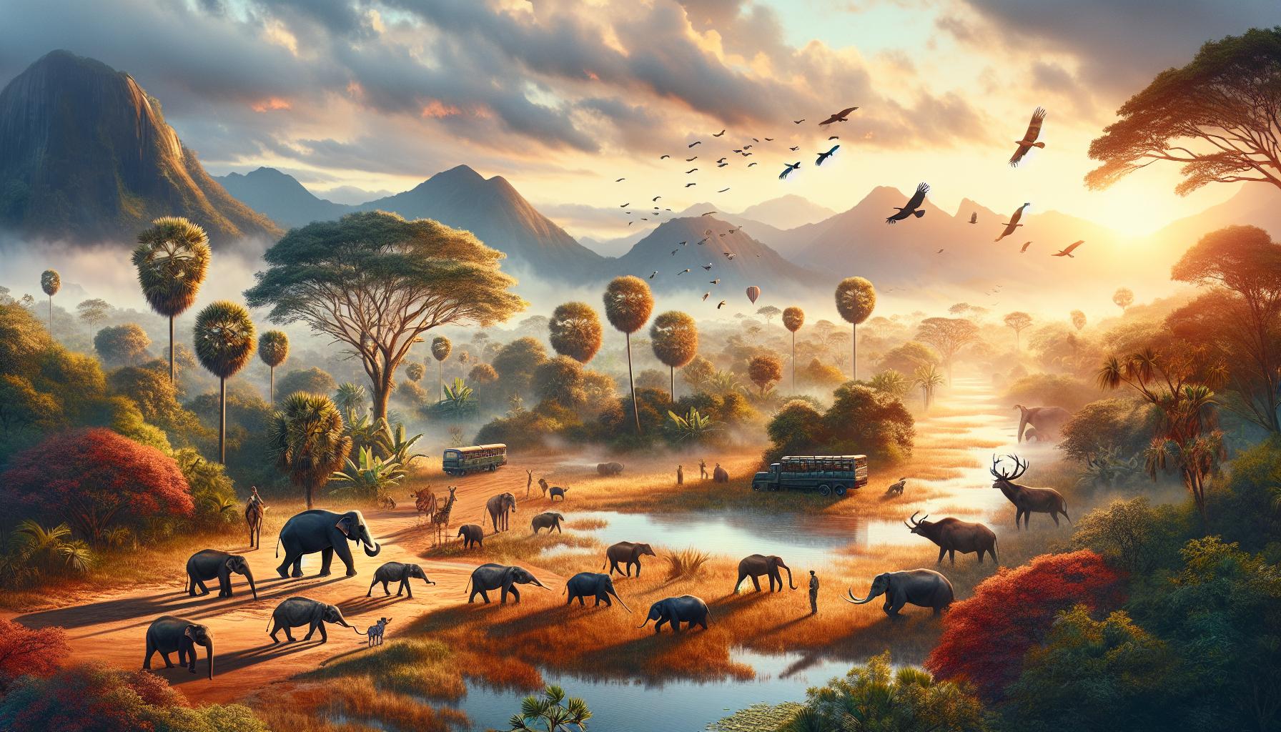 Serene Wildlife Landscape at Sunset with Elephants and Mountains