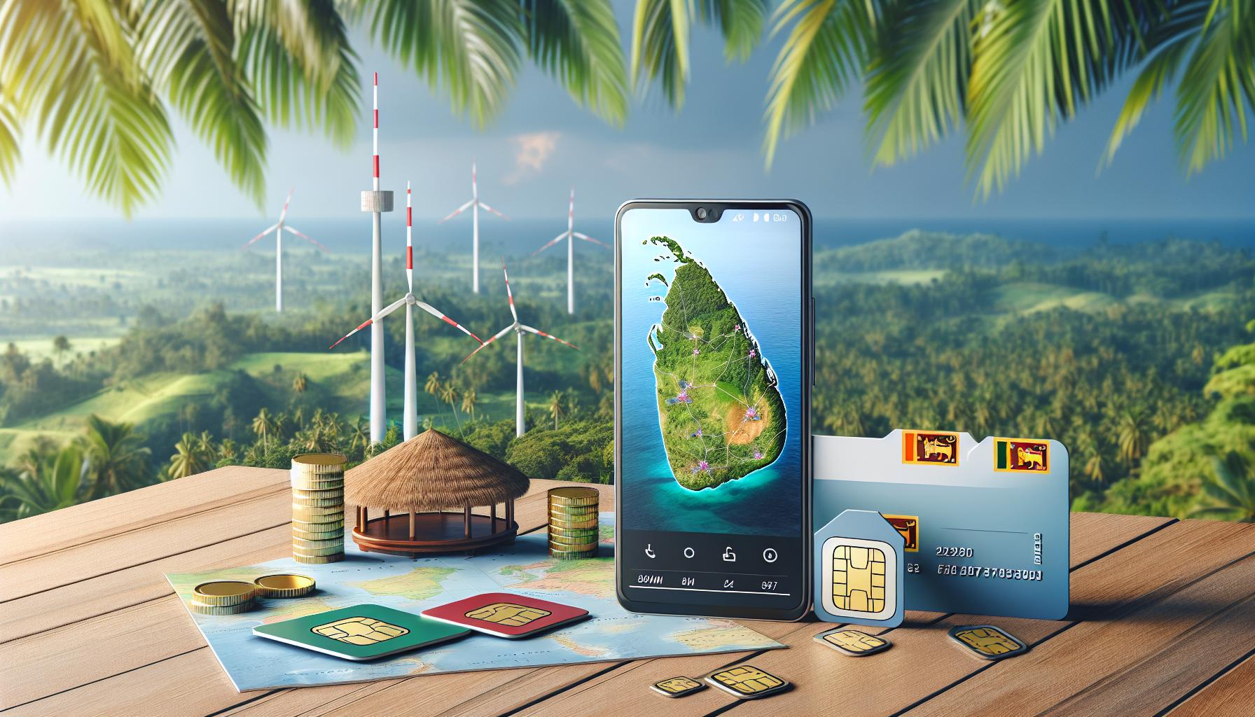 Smartphone with SIM cards and credit card on a wooden table in a tropical landscape with wind turbines and palm trees