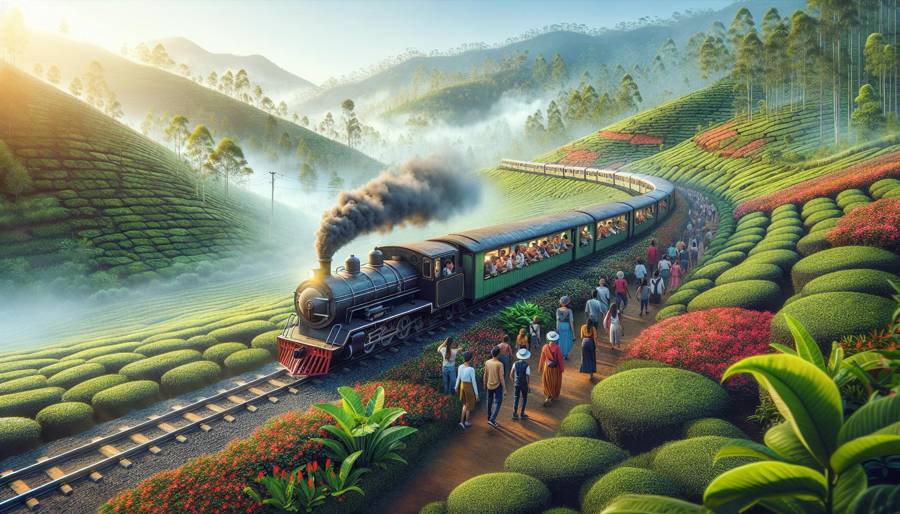 Steam Train Journey Through Lush Tea Gardens