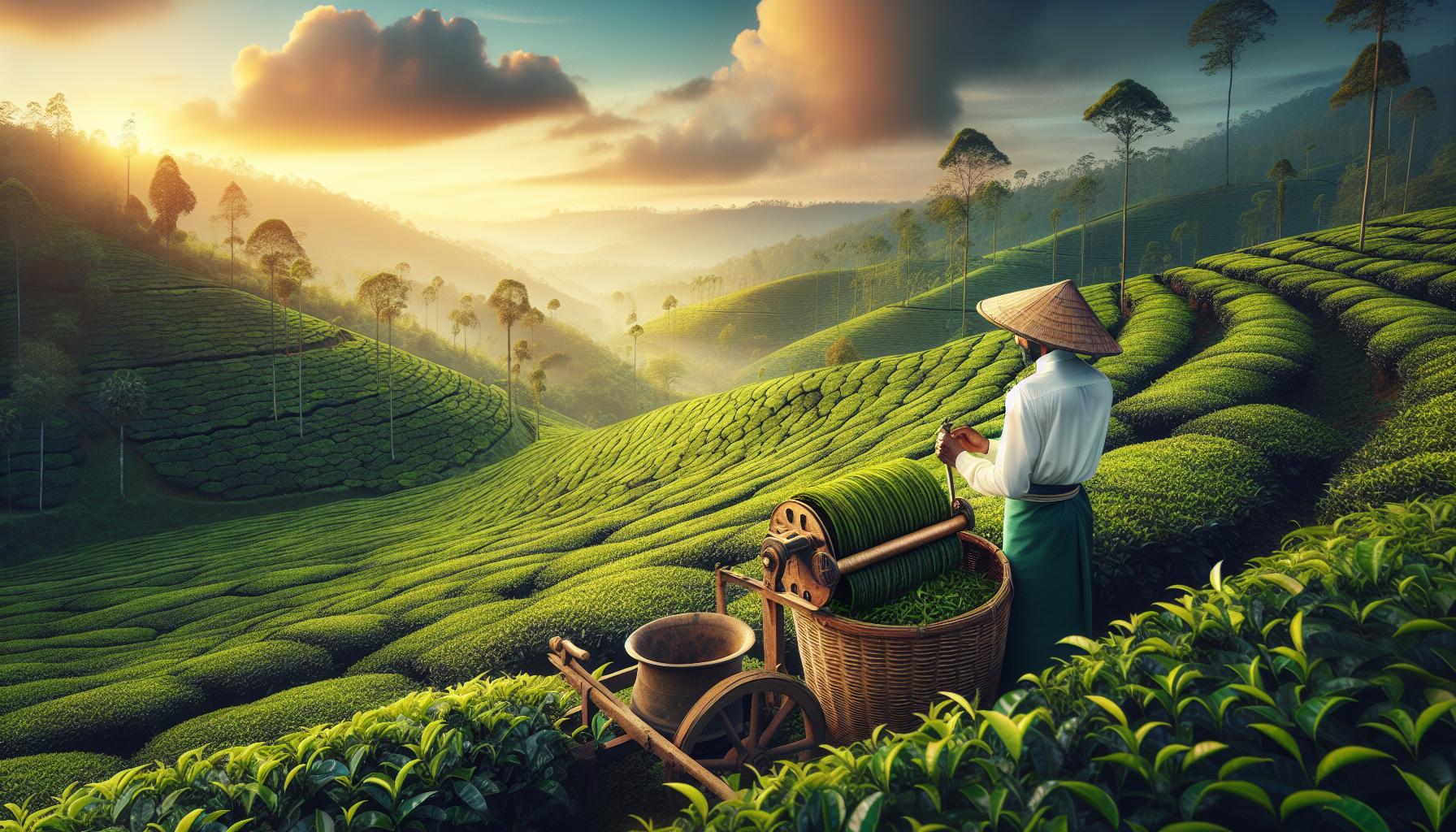 Tea plantation landscape at sunrise with a farmer harvesting tea leaves